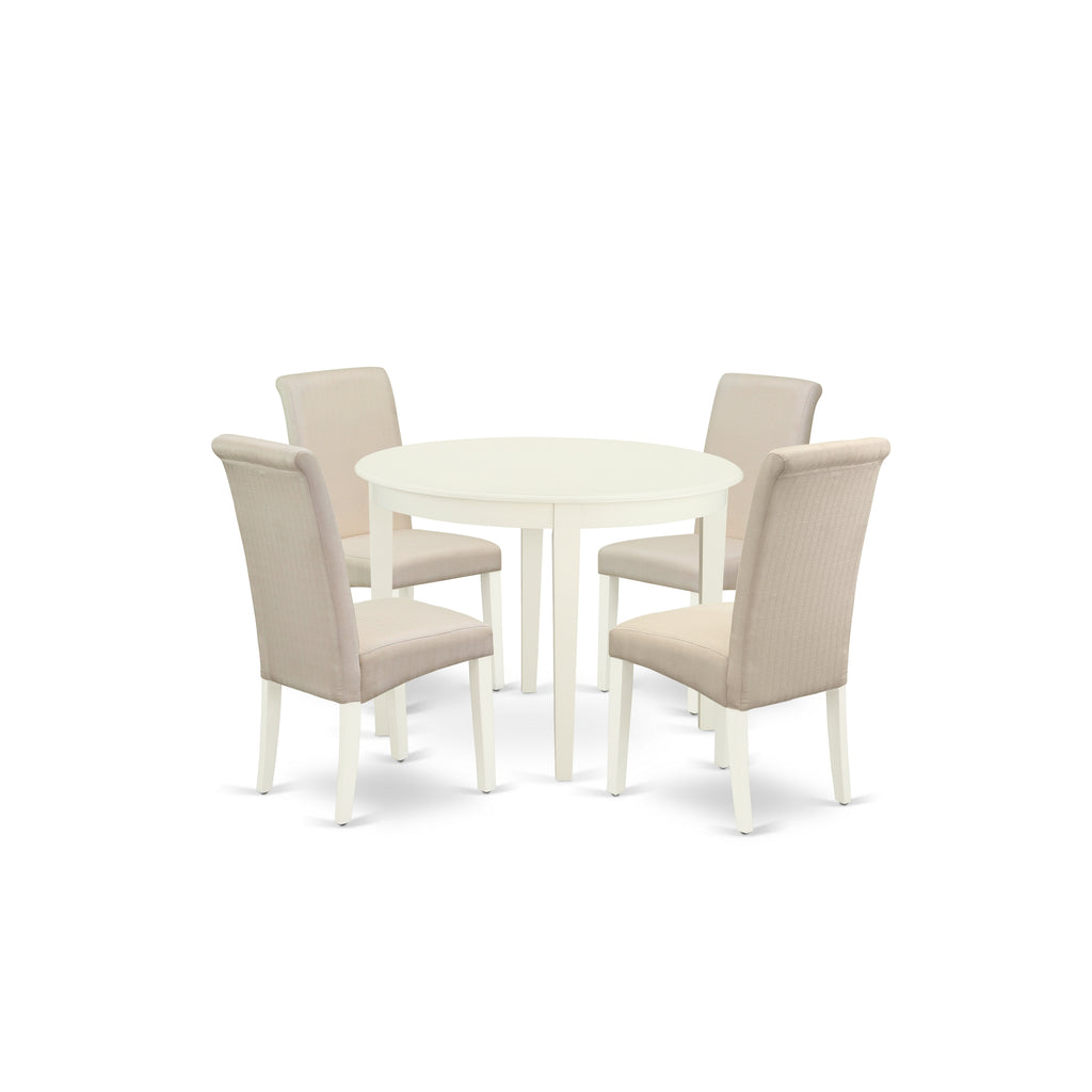 East West Furniture BOBA5-WHI-01 5 Piece Modern Dining Table Set Includes a Round Kitchen Table and 4 Cream Linen Fabric Parsons Dining Chairs