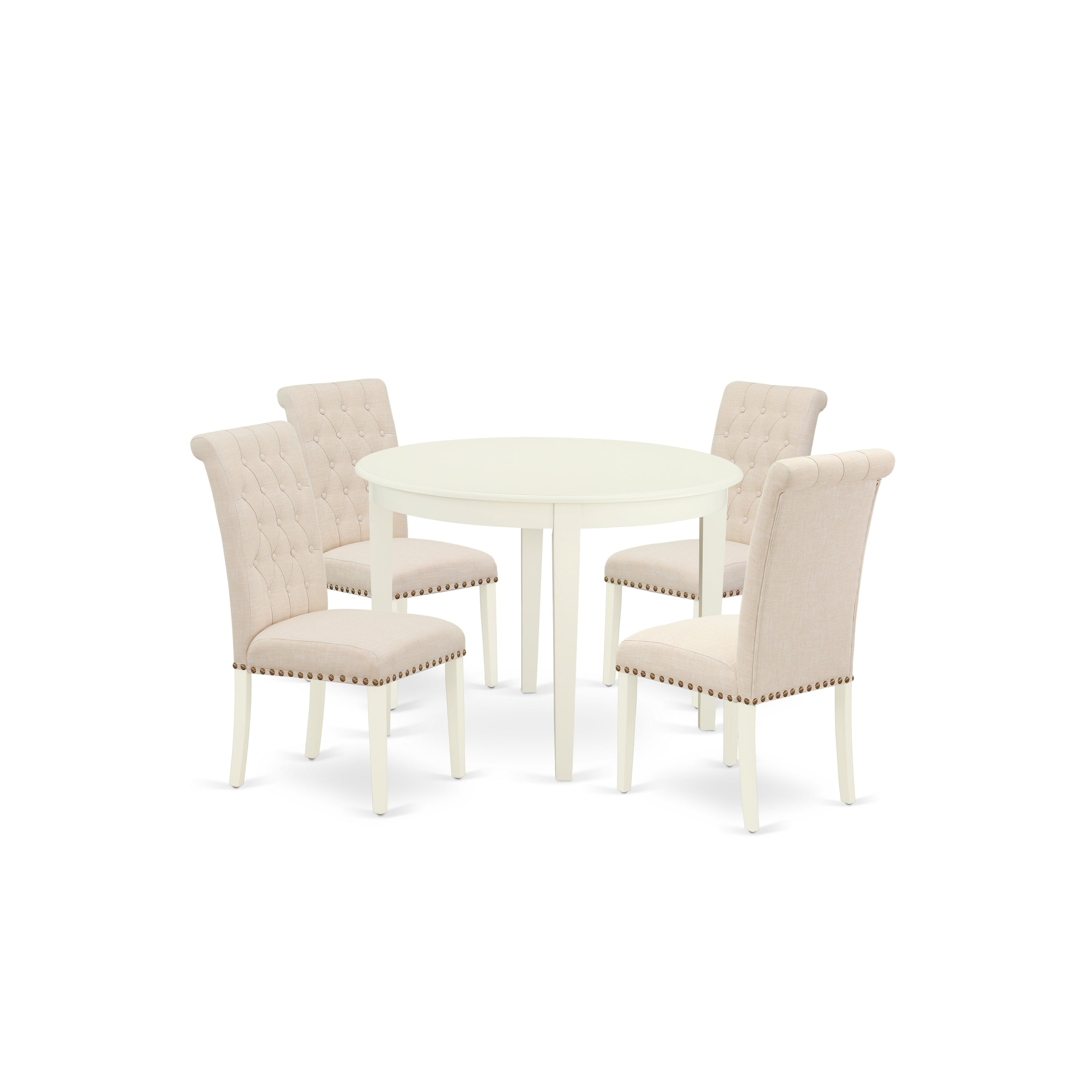 Juego de comedor de 5 piezas East West Furniture BOBR5-WHI-02 para 4 personas. Incluye una mesa de comedor redonda y 4 sillas Parson tapizadas en tela de lino beige claro.