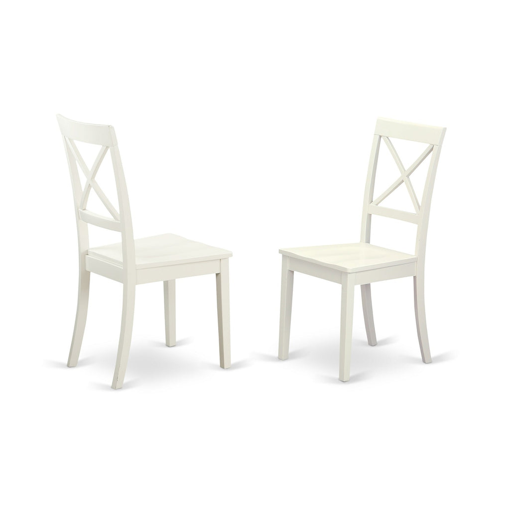 East West Furniture ANBO3-LWH-W 3 Piece Kitchen Table & Chairs Set Contains a Round Dining Room Table with Pedestal and 2 Solid Wood Seat Chairs, 36x36 Inch, Linen White