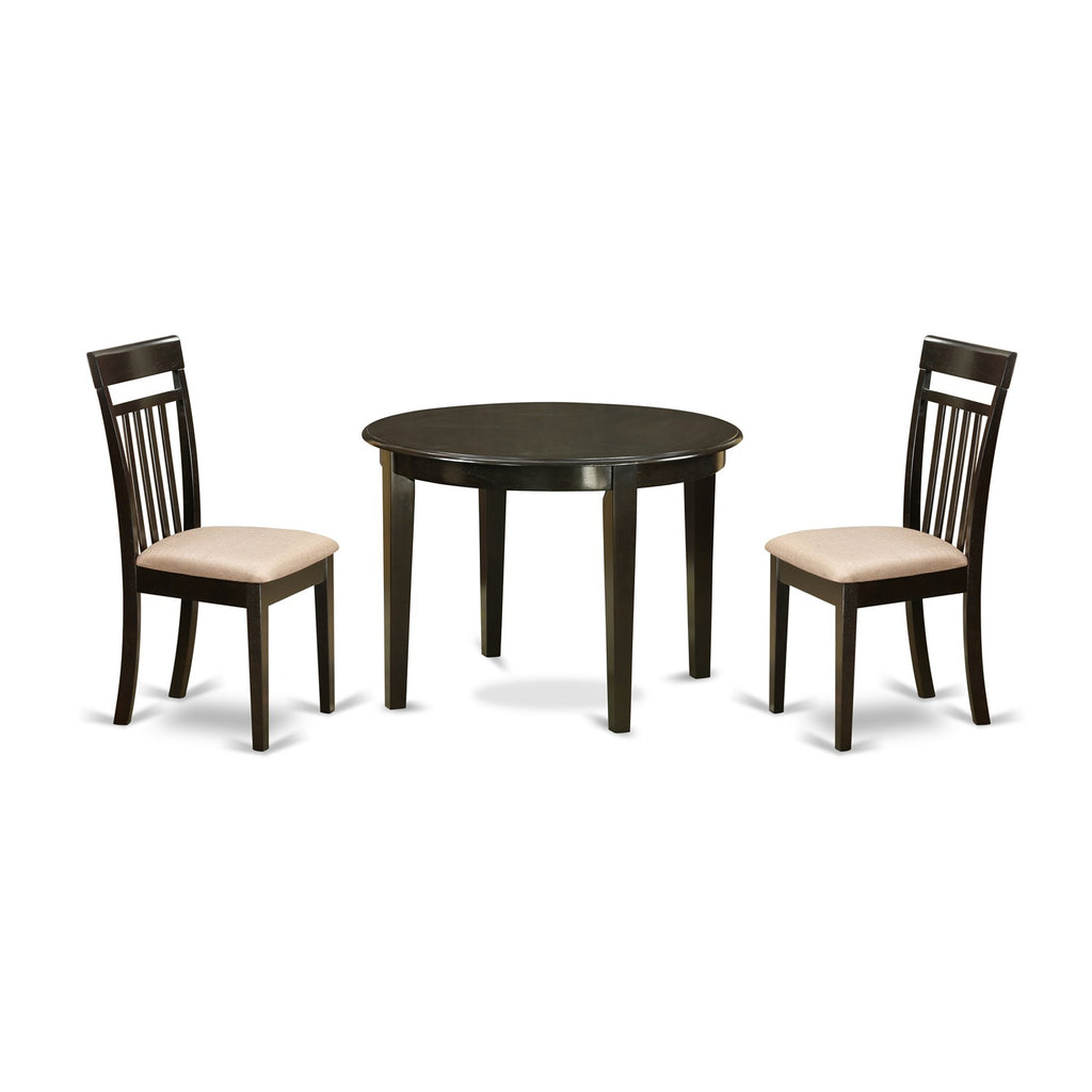 East West Furniture BOCA3-CAP-C 3 Piece Dining Room Table Set  Contains a Round Wooden Table and 2 Linen Fabric Kitchen Dining Chairs