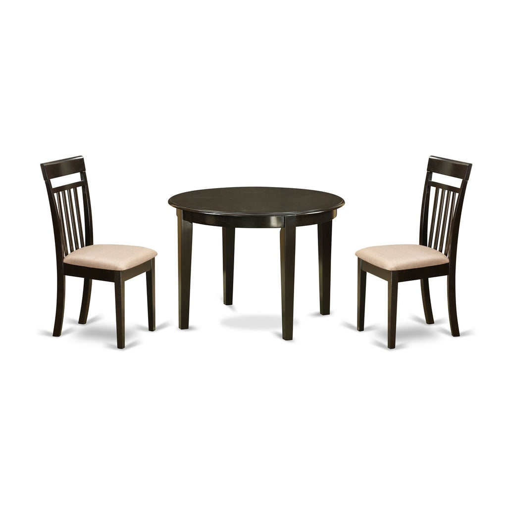 East West Furniture BOCA3-CAP-C 3 Piece Dining Room Table Set  Contains a Round Wooden Table and 2 Linen Fabric Kitchen Dining Chairs, 42x42 Inch, Cappuccino