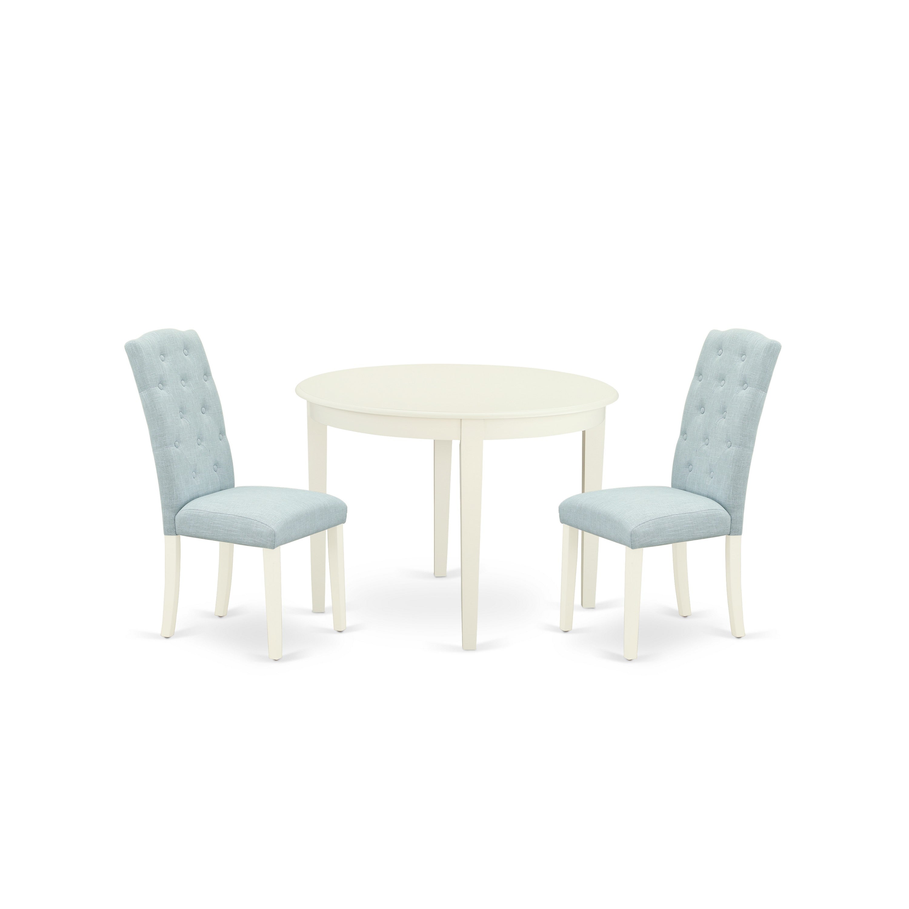 Juego de mesa de comedor de 3 piezas East West Furniture BOCE3-WHI-15 para espacios pequeños. Contiene una mesa de cocina redonda y 2 sillas de comedor Parson de tela de lino azul bebé.