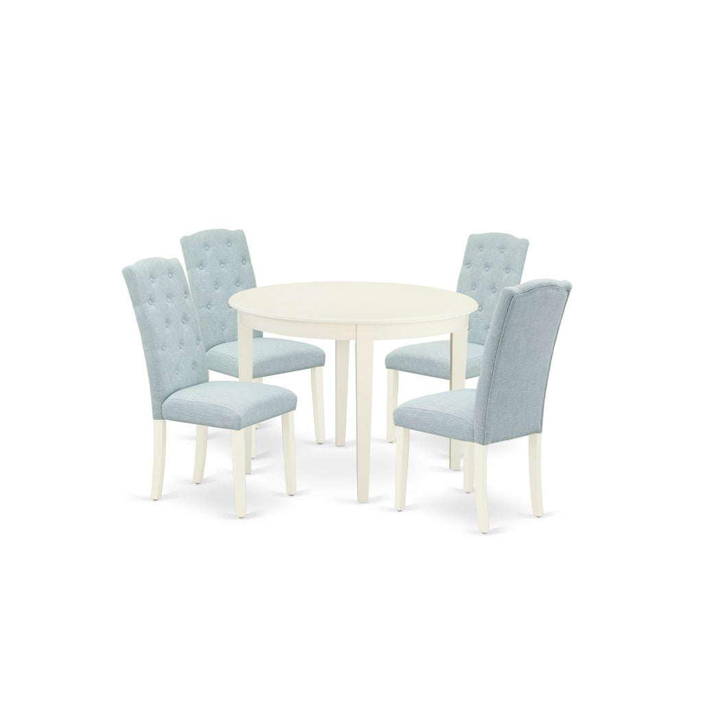 East West Furniture BOCE5-WHI-15 5 Piece Modern Dining Table Set Includes a Round Kitchen Table and 4 Baby Blue Linen Fabric Upholstered Parson Chairs, 42x42 Inch, Linen White