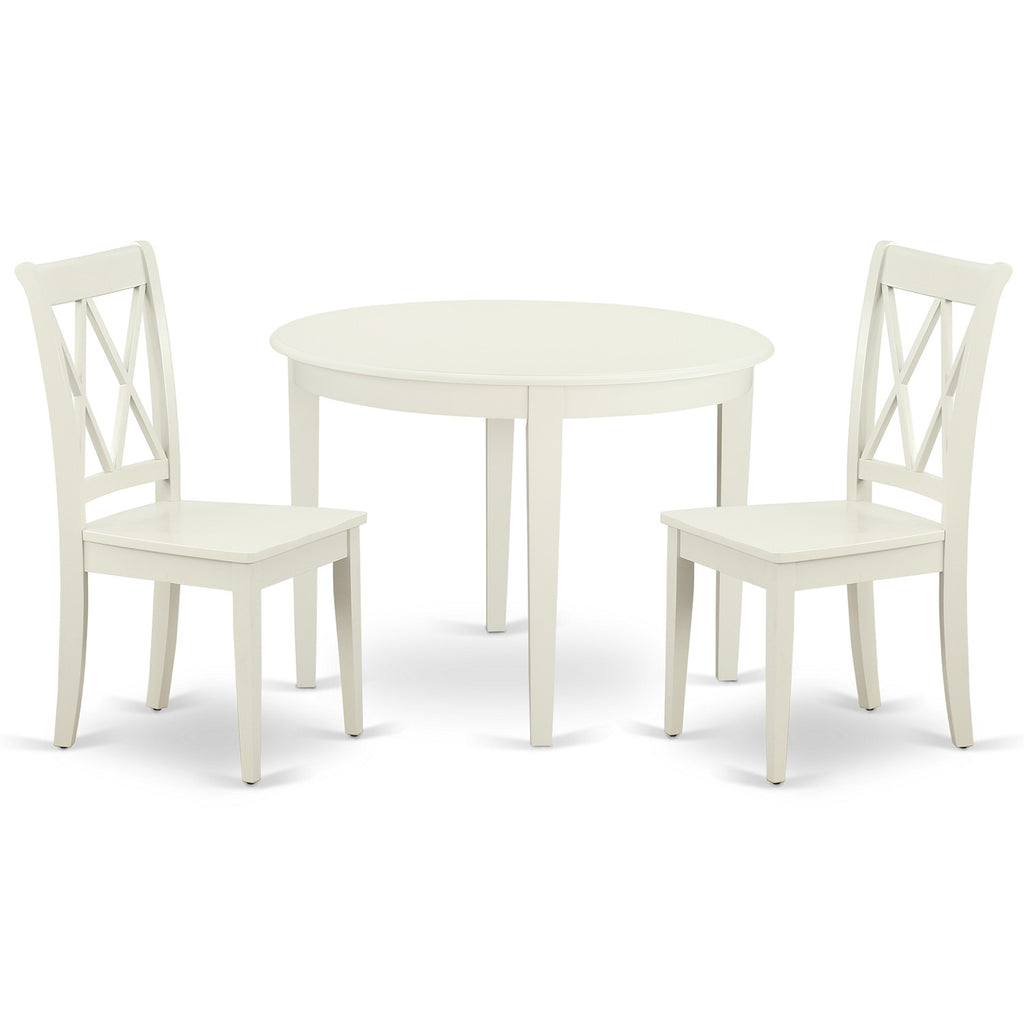 East West Furniture BOCL3-LWH-W 3 Piece Dining Room Furniture Set Contains a Round Dining Table and 2 Wood Seat Chairs, 42x42 Inch, Linen White