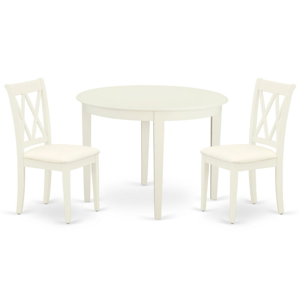 East West Furniture BOCL3-WHI-C 3 Piece Dining Room Table Set  Contains a Round Wooden Table and 2 Linen Fabric Kitchen Dining Chairs, 42x42 Inch, Linen White