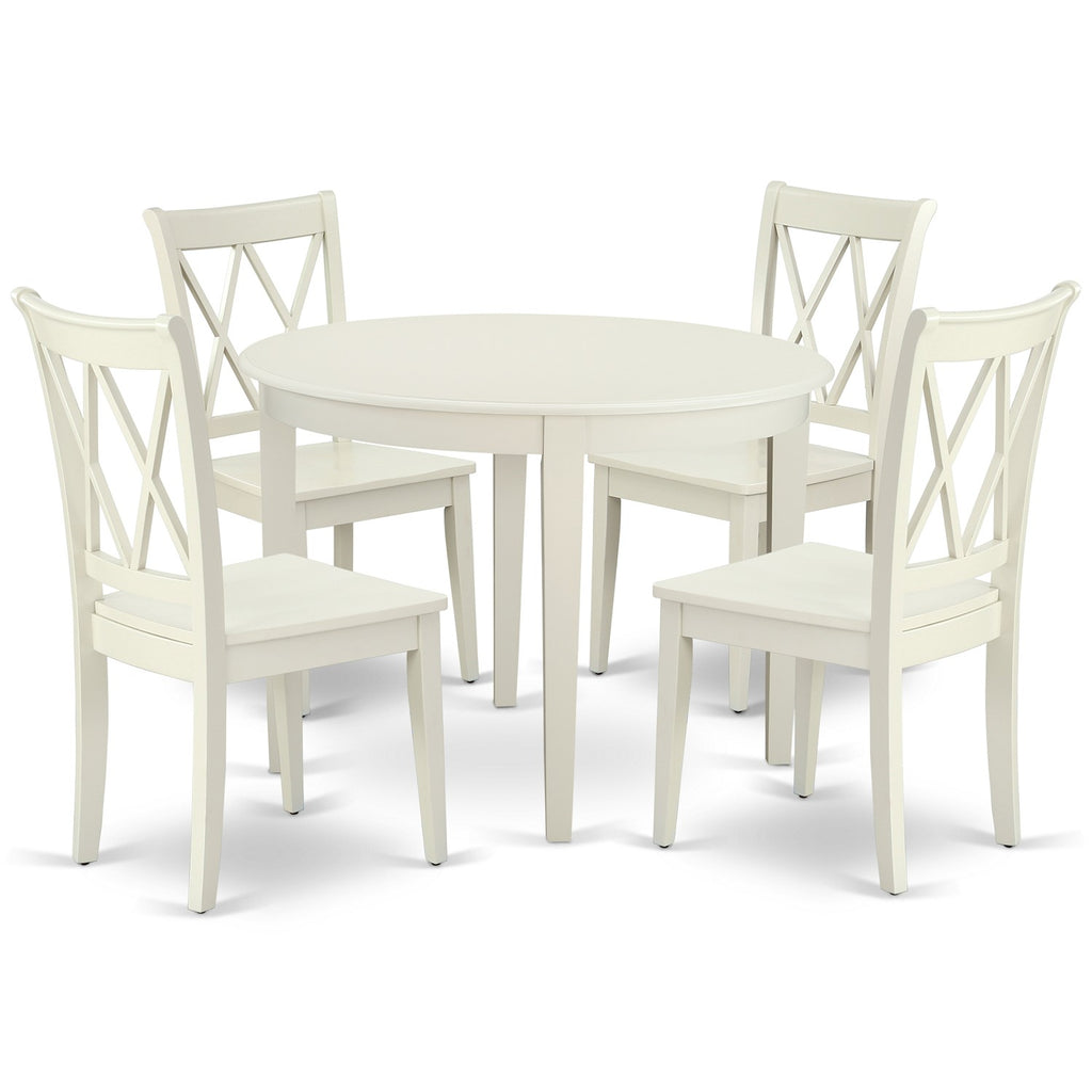 Juego de mesa de comedor moderna de 5 piezas East West Furniture BOCL5-LWH-W Incluye una mesa de cocina redonda y 4 sillas de comedor
