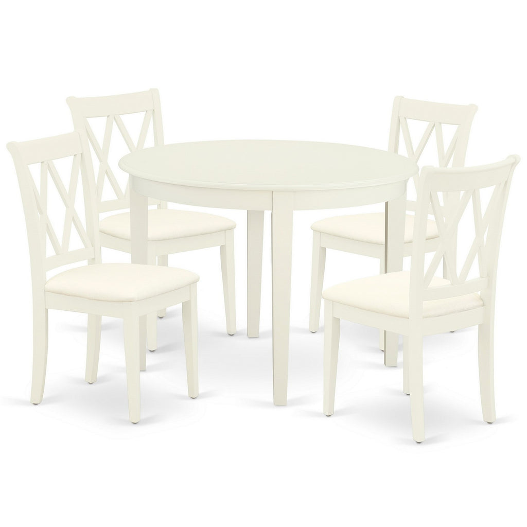 Juego de comedor de 5 piezas East West Furniture BOCL5-WHI-C para 4 personas. Incluye una mesa de cocina redonda y 4 sillas de comedor de tela de lino.