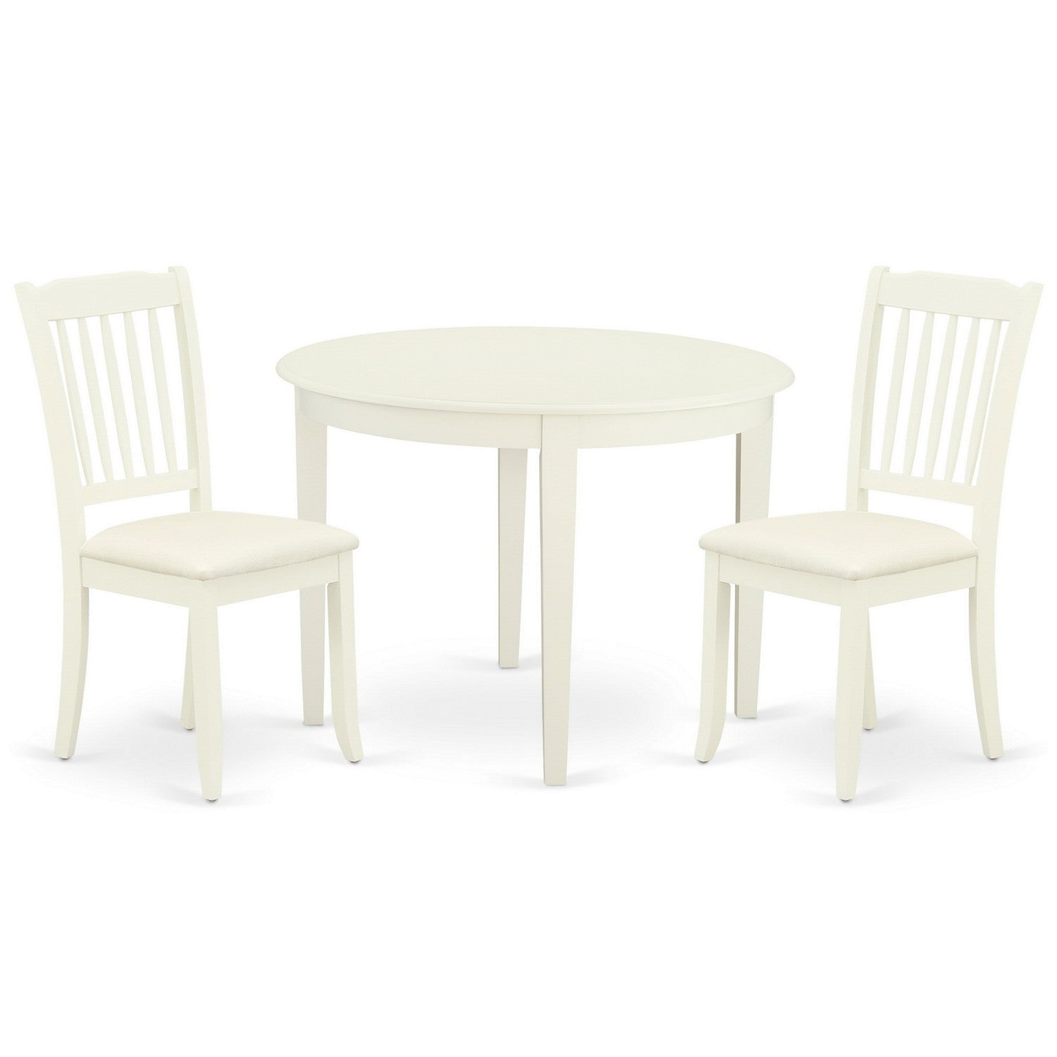 Juego de mesa y sillas de cocina de 3 piezas BODA3-WHI-C de East West Furniture. Contiene una mesa de comedor redonda y 2 sillas de comedor tapizadas en tela de lino.