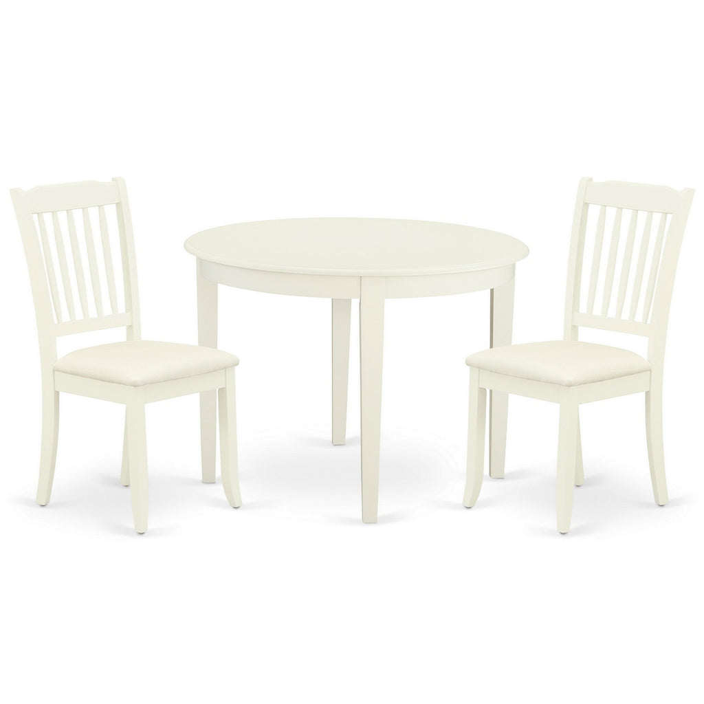 East West Furniture BODA3-WHI-C 3 Piece Kitchen Table & Chairs Set Contains a Round Dining Room Table and 2 Linen Fabric Upholstered Dining Chairs