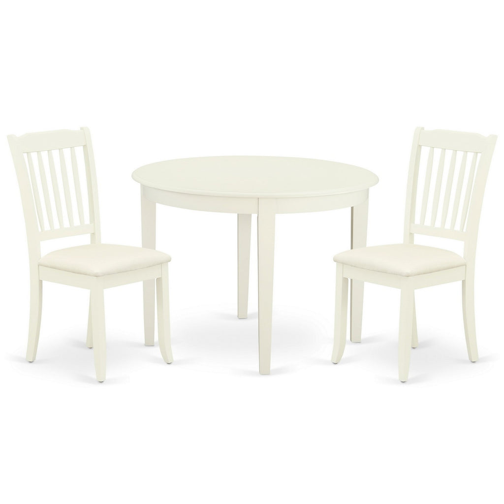 East West Furniture BODA3-WHI-C 3 Piece Kitchen Table & Chairs Set Contains a Round Dining Room Table and 2 Linen Fabric Upholstered Dining Chairs, 42x42 Inch, Linen White