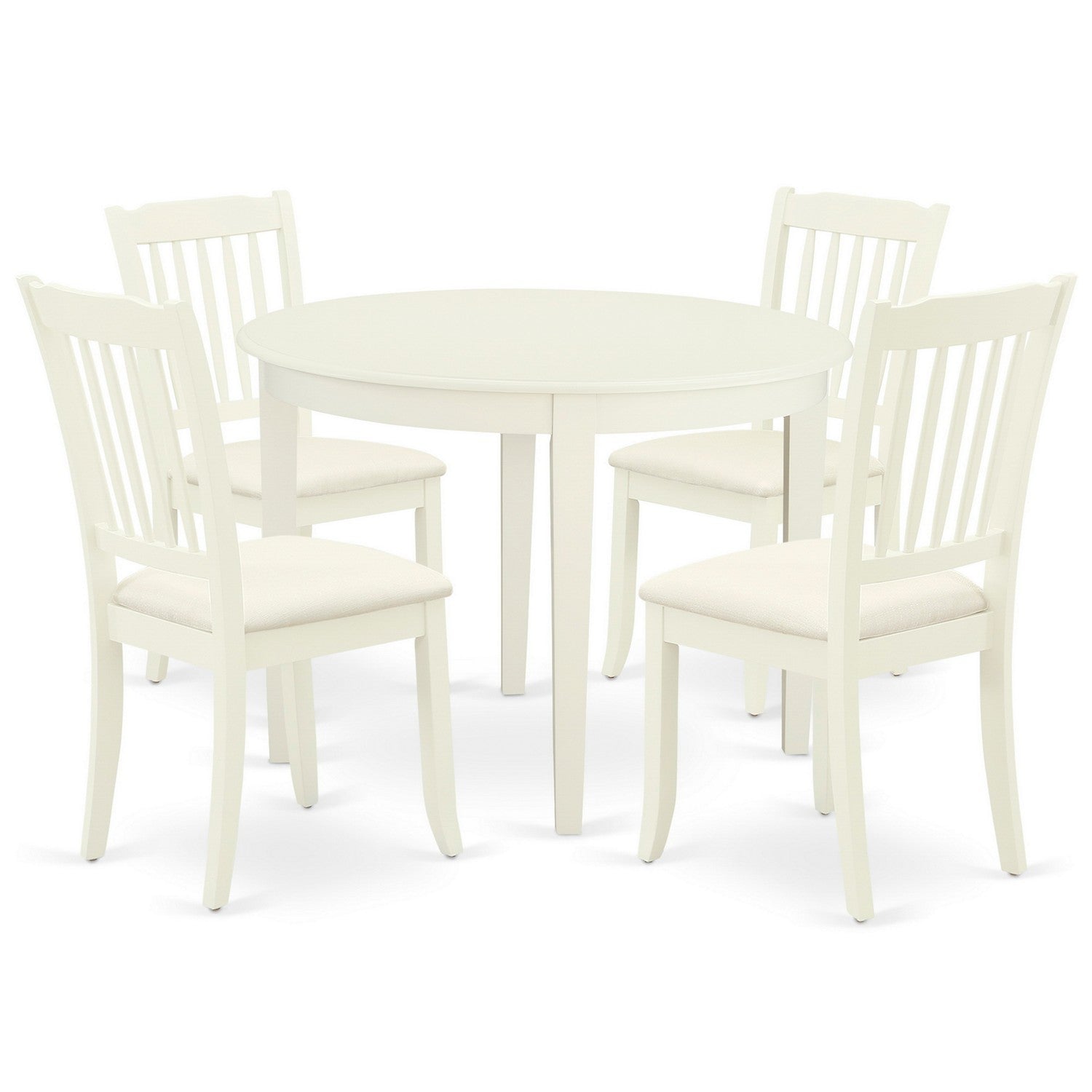 Juego de comedor de 5 piezas East West Furniture BODA5-WHI-C para 4 personas. Incluye una mesa de cocina redonda y 4 sillas de comedor tapizadas en tela de lino.