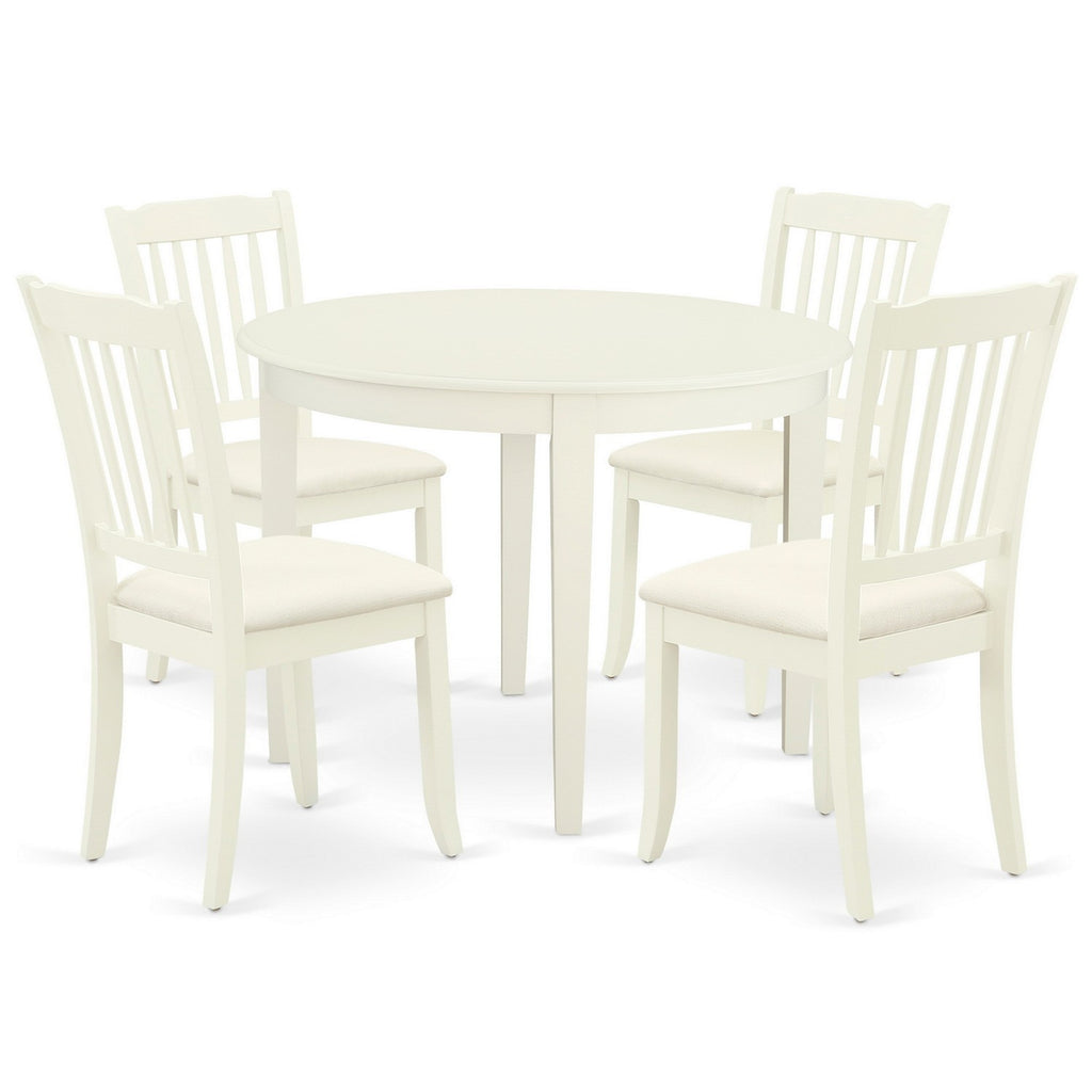 East West Furniture BODA5-WHI-C 5 Piece Dinette Set for 4 Includes a Round Kitchen Table and 4 Linen Fabric Upholstered Dining Chairs, 42x42 Inch, Linen White