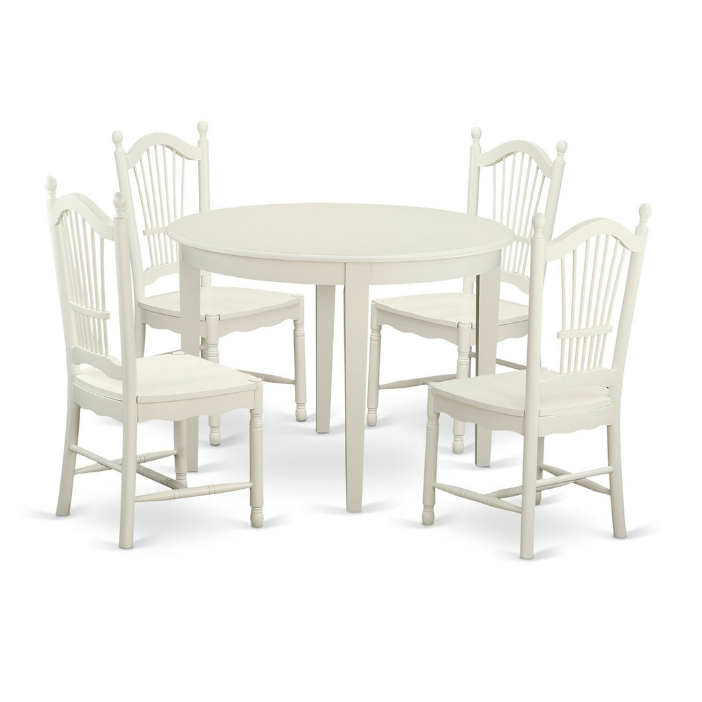 Juego de comedor de 5 piezas East West Furniture BODO5-WHI-W para 4 personas. Incluye una mesa de comedor redonda y 4 sillas de comedor de cocina.