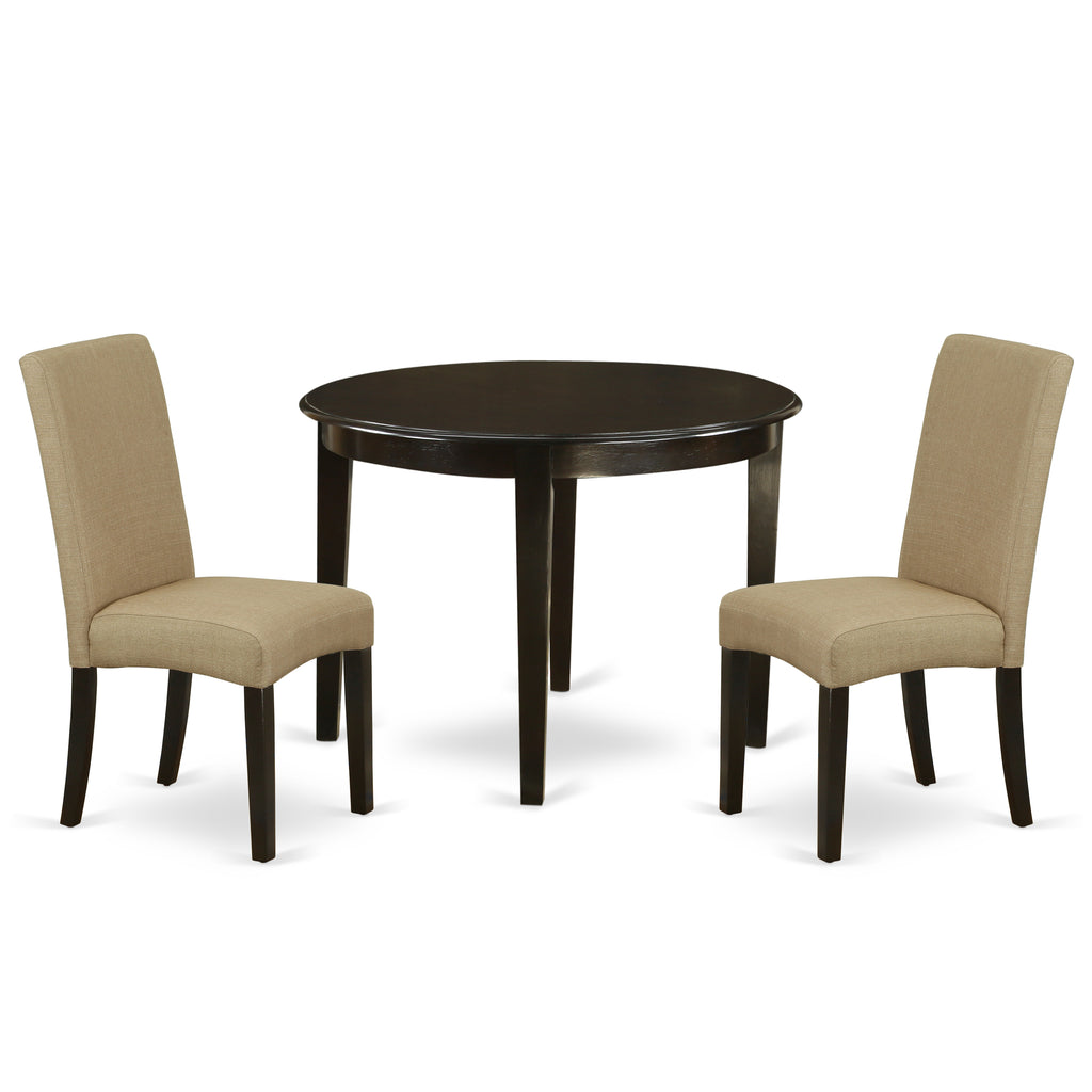 East West Furniture BODR3-CAP-03 3 Piece Dining Table Set for Small Spaces Contains a Round Kitchen Table and 2 Brown Linen Fabric Parson Dining Room Chairs, 42x42 Inch, Cappuccino