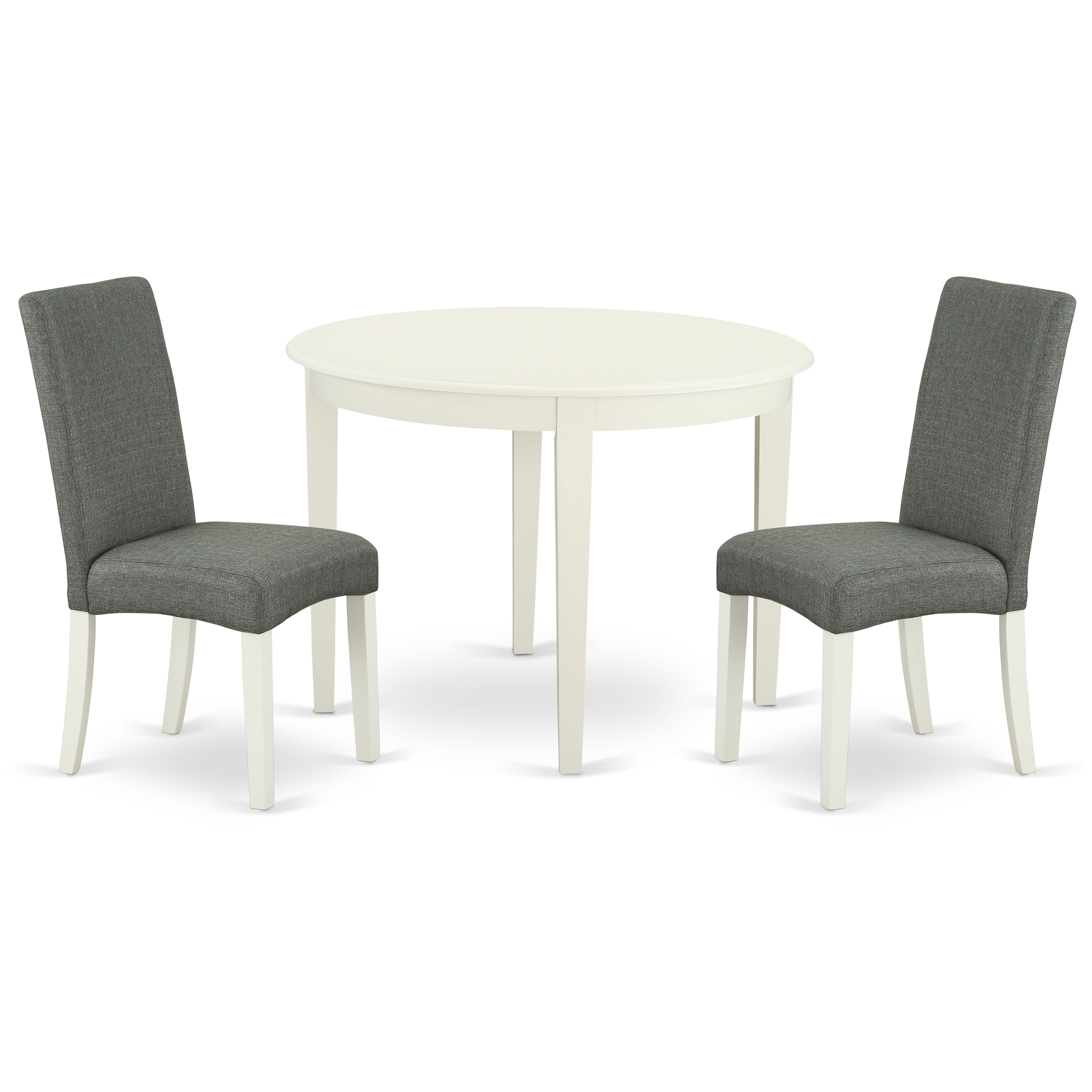 Juego de comedor de 3 piezas East West Furniture BODR3-LWH-07 que incluye una mesa de comedor redonda y dos sillas Parson tapizadas en tela de lino gris.