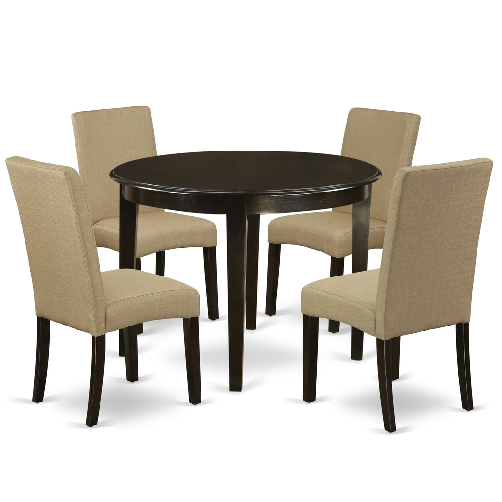 East West Furniture BODR5-CAP-03 5 Piece Dining Table Set for 4 Includes a Round Kitchen Table and 4 Brown Linen Fabric Parson Dining Chairs
