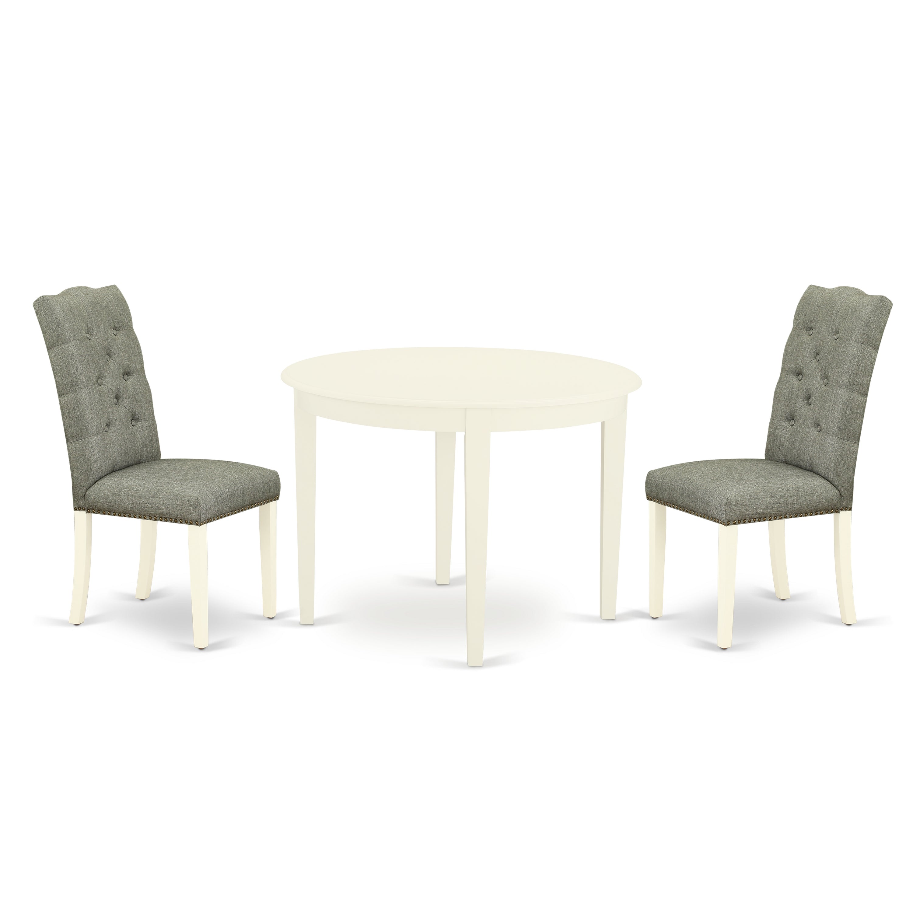 East West Furniture BOEL3-WHI-07 3-Pc Mid Century Dining Table Set Included a Round Dining Room Table & 2 Dining Room Chairs, Smoke Linen Fabric Kitchen Chairs Seat with Rubber Wood Legs, Linen White Finish