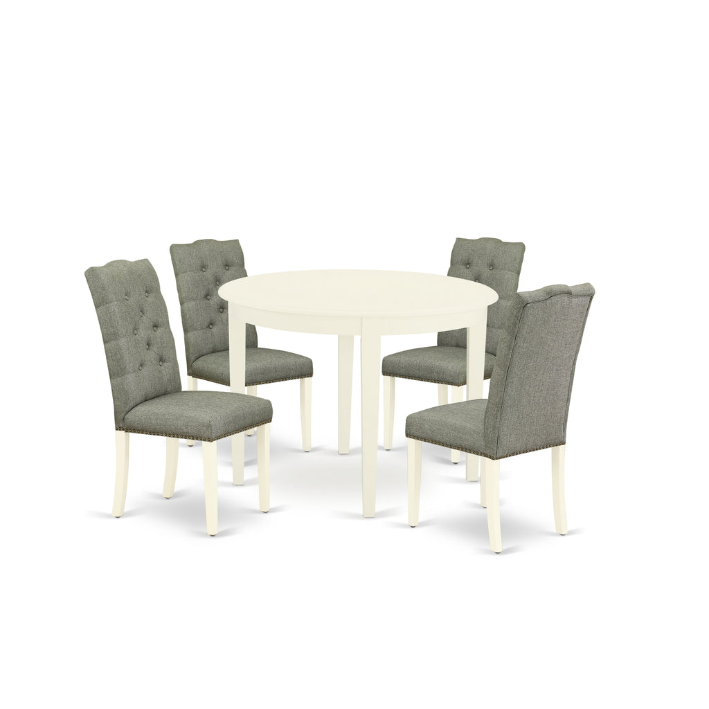 East West Furniture BOEL5-WHI-07 5 Piece Dinette Set for 4 Includes a Round Dining Table and 4 Gray Linen Fabric Upholstered Parson Chairs