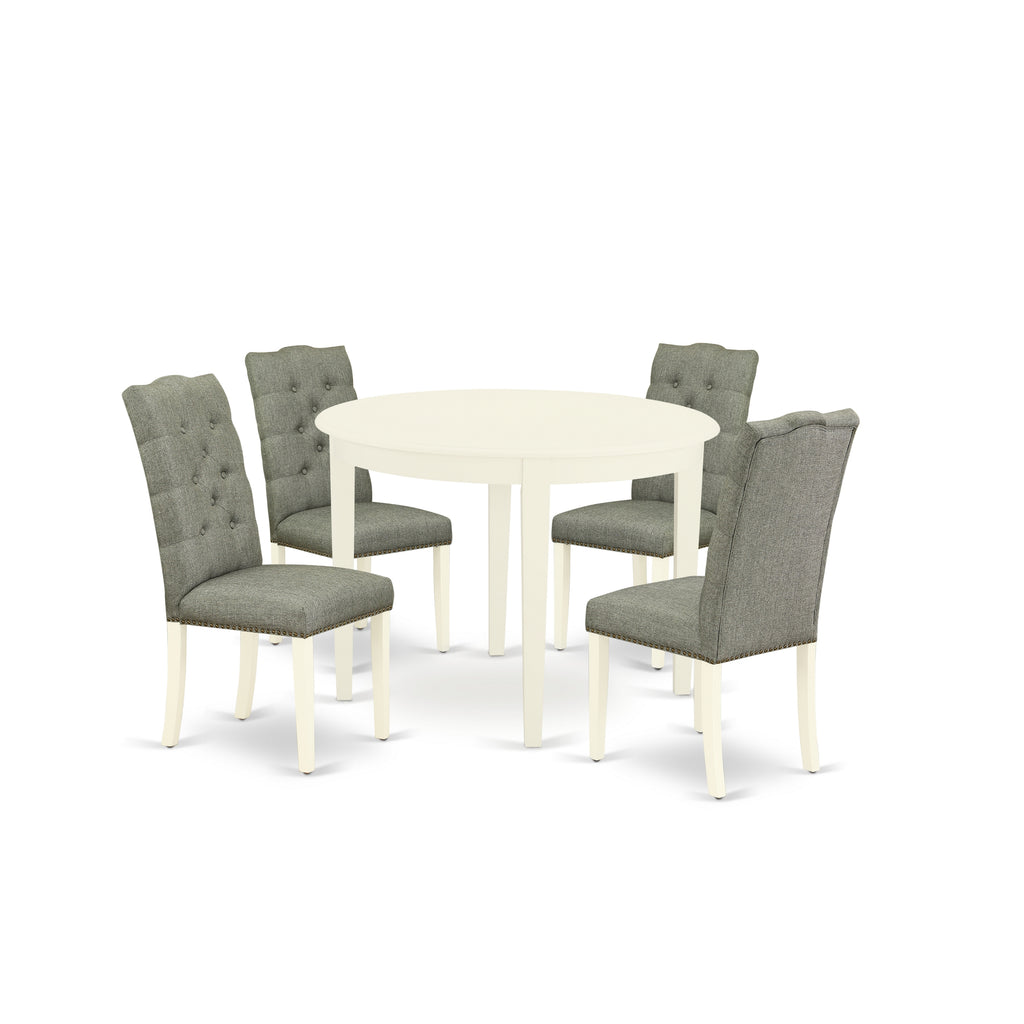 East West Furniture BOEL5-WHI-07 5 Piece Dinette Set for 4 Includes a Round Dining Table and 4 Gray Linen Fabric Upholstered Parson Chairs, 42x42 Inch, Linen White