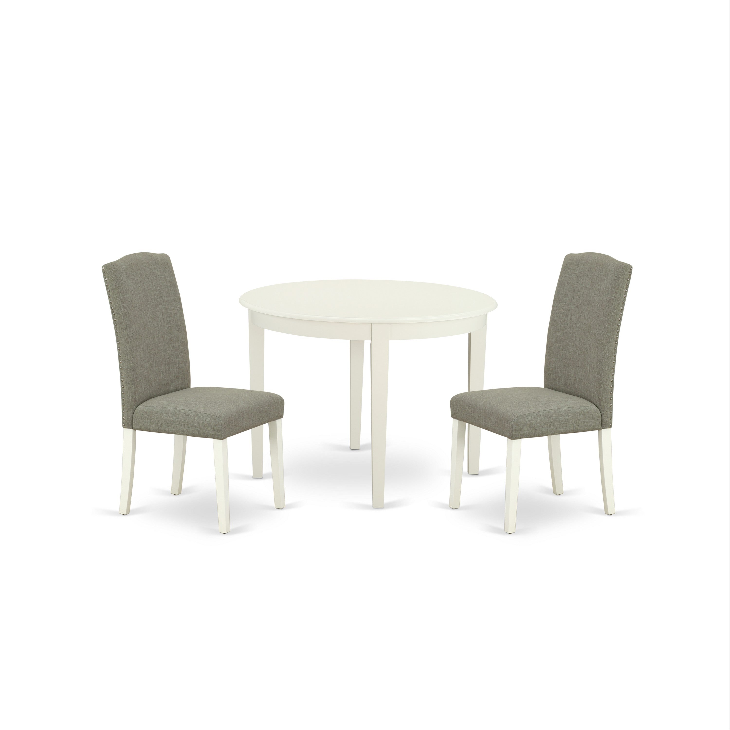 Juego de muebles de comedor de 3 piezas East West Furniture BOEN3-LWH-06. Incluye una mesa de cocina redonda y 2 sillas de comedor Parson de tela de lino shitake oscuro.