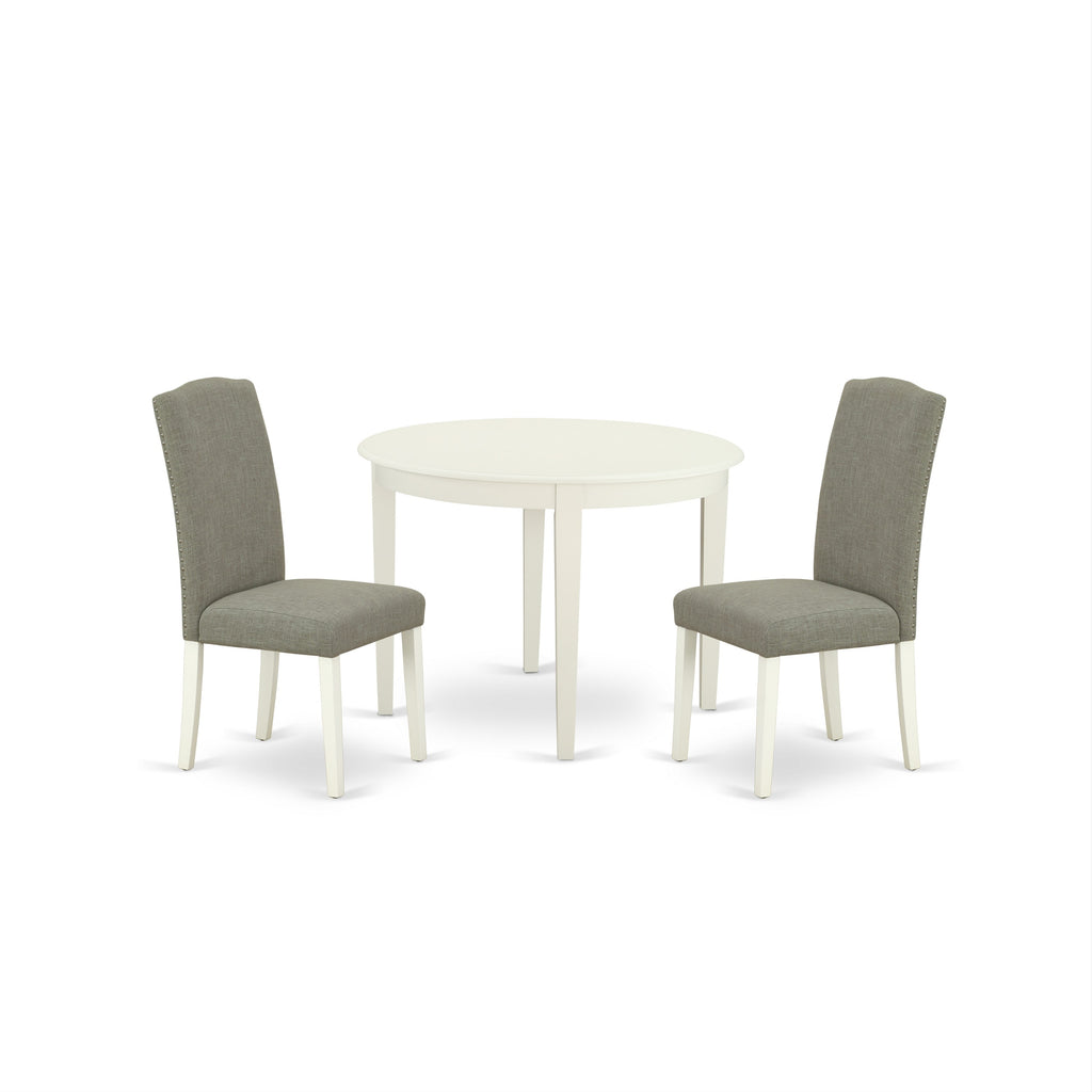 East West Furniture BOEN3-LWH-06 3 Piece Dining Room Furniture Set Contains a Round Kitchen Table and 2 Dark Shitake Linen Fabric Parson Dining Chairs