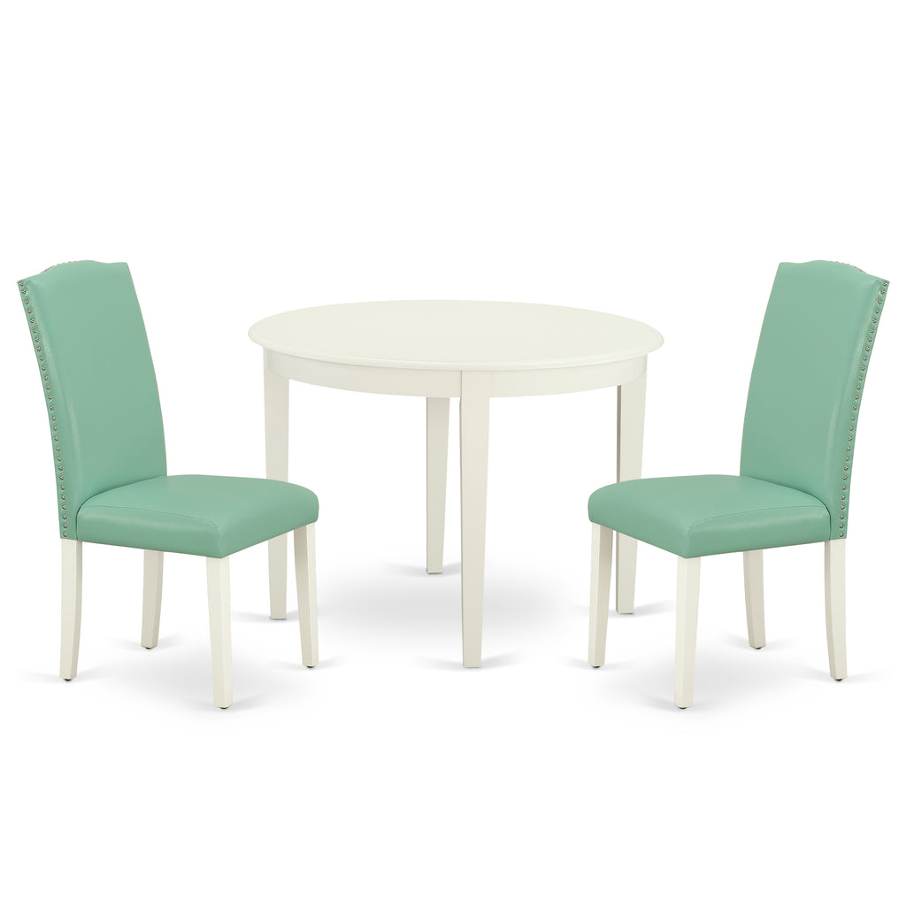 Juego de mesa de comedor de 3 piezas East West Furniture BOEN3-LWH-57. Incluye una mesa de cocina redonda y dos sillas Parson tapizadas en piel sintética.