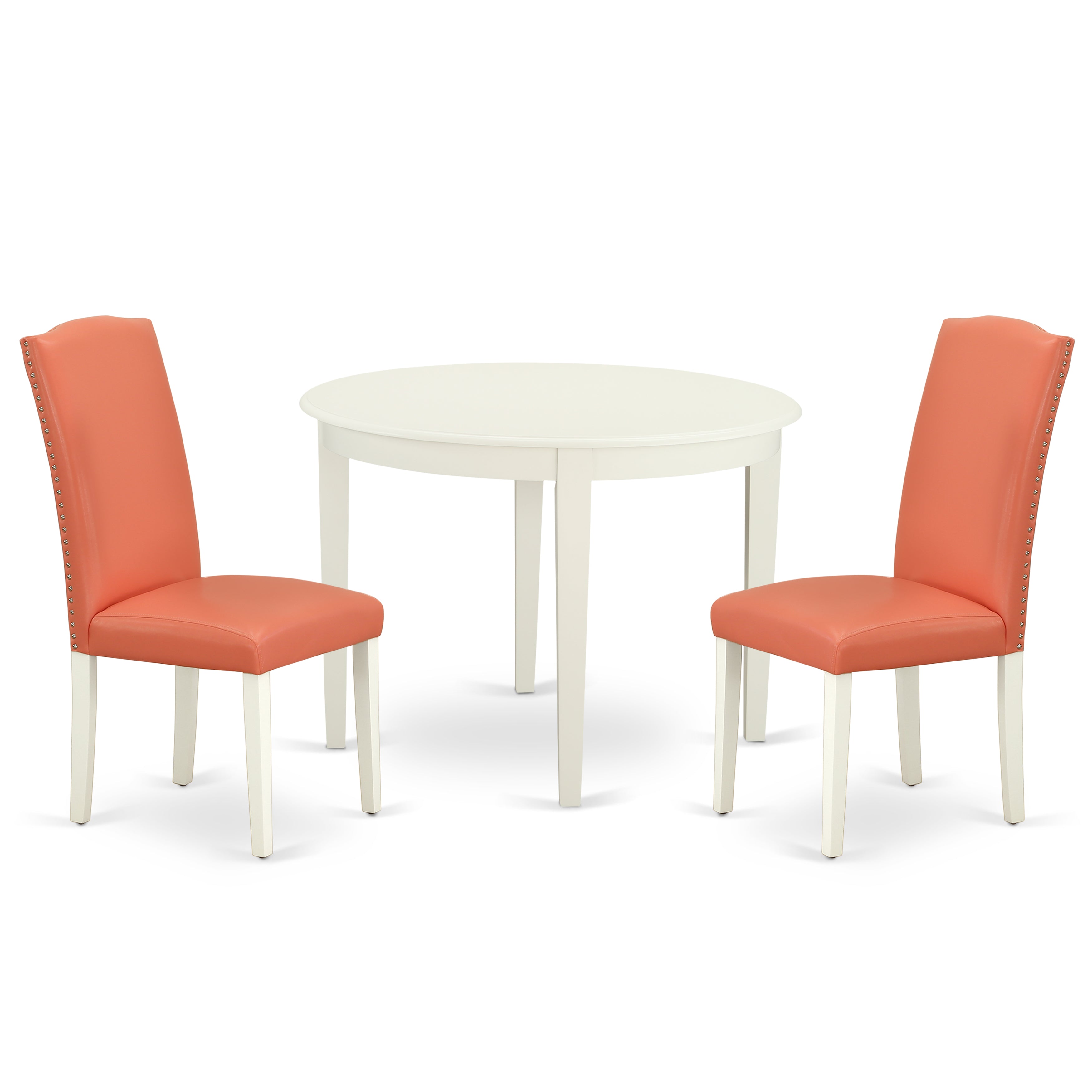 Juego de mesa y sillas de cocina de 3 piezas East West Furniture BOEN3-LWH-78. Incluye una mesa de comedor redonda y 2 sillas de comedor Parson de cuero sintético con flamencos rosados.