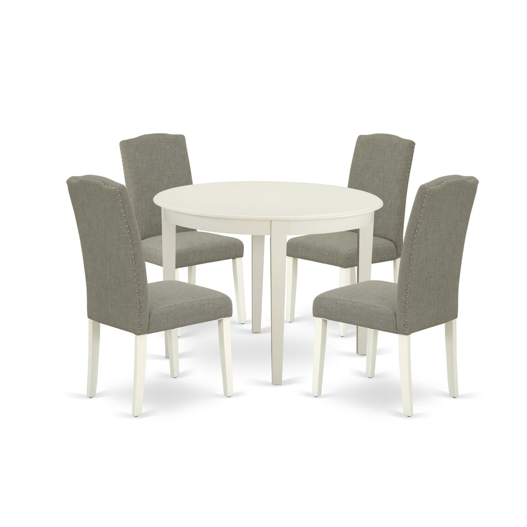 Juego de comedor East West Furniture BOEN5-LWH-06 de 5 piezas para 4 personas. Incluye una mesa de cocina redonda y 4 sillas de comedor Parson de tela de lino shitake oscuro.
