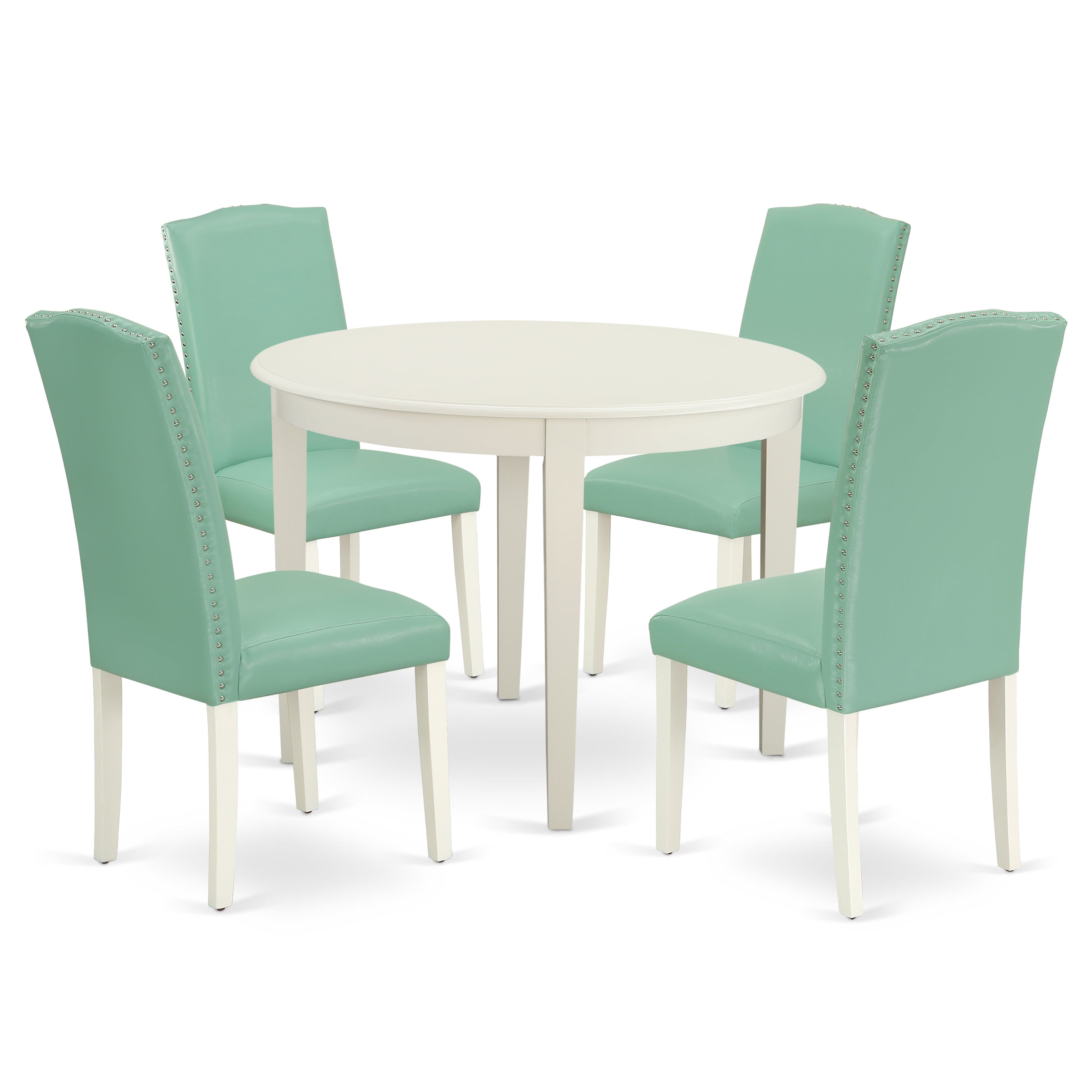 Juego de comedor de 5 piezas East West Furniture BOEN5-LWH-57. Incluye una mesa de cocina redonda y 4 sillas Parson tapizadas en piel sintética.