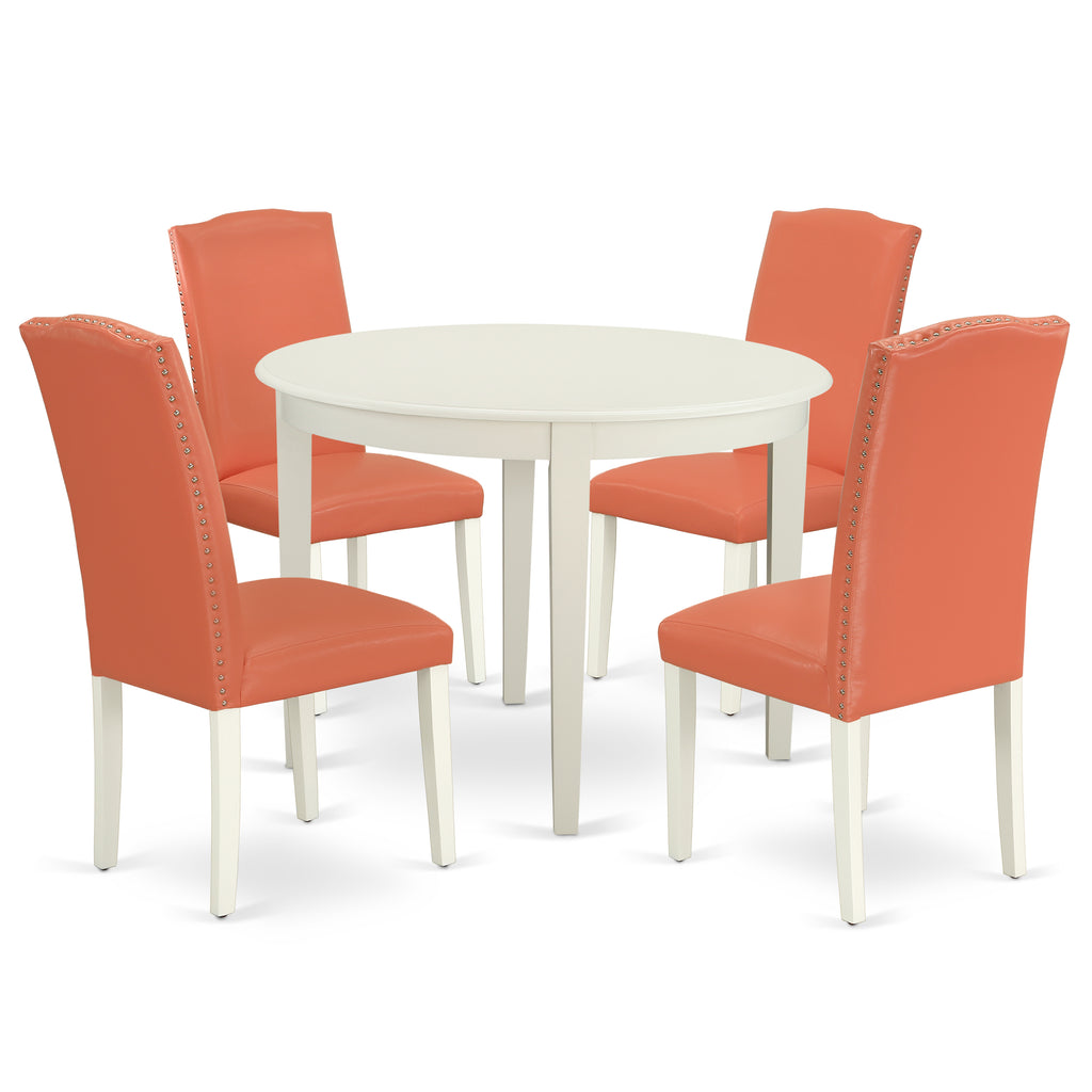 Juego de comedor de 5 piezas East West Furniture BOEN5-LWH-78 para 4 personas. Incluye una mesa de comedor redonda y 4 sillas Parson tapizadas en piel sintética con diseño de flamencos rosados.