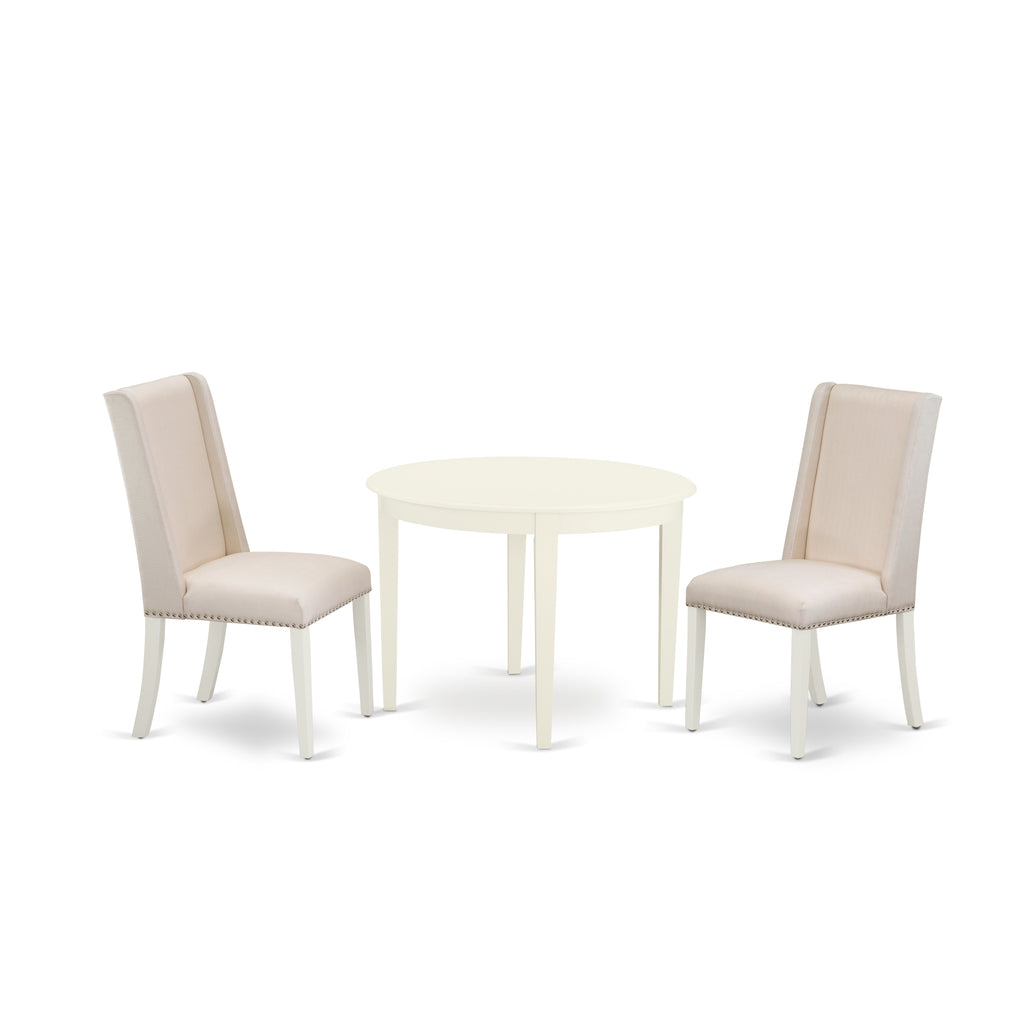 Juego de mesa de comedor de 3 piezas East West Furniture BOFL3-WHI-01. Incluye una mesa de cocina redonda y dos sillas de comedor Parsons de tela de lino color crema.