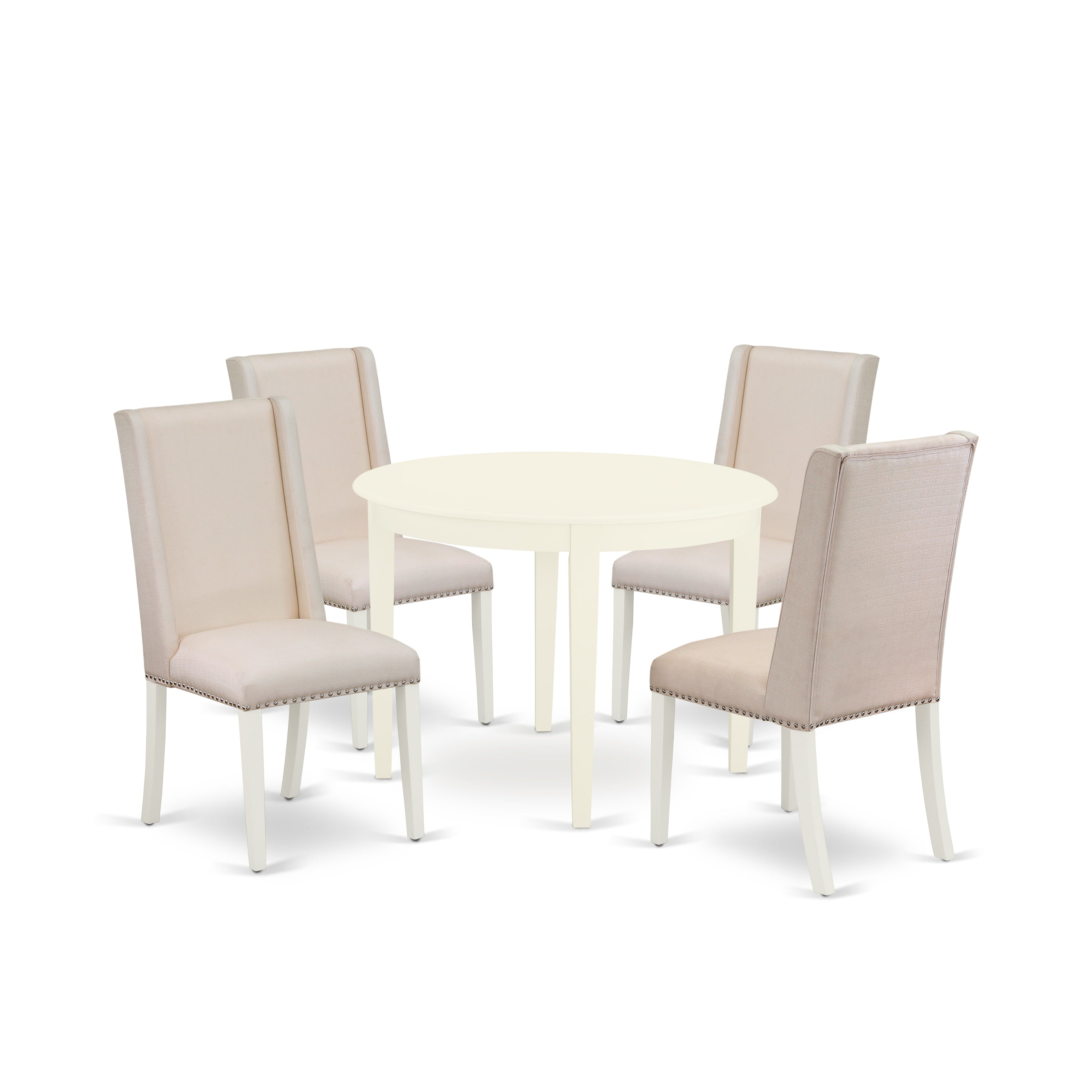 East West Furniture BOFL5-WHI-01 5-Piece Dinette Table Set Included a Round Wood Kitchen Table & 4 Parson Dining Chairs, Cream Linen Fabric Parsons Dining Room Chairs Seat with Rubber Wood Legs, Linen White Finish