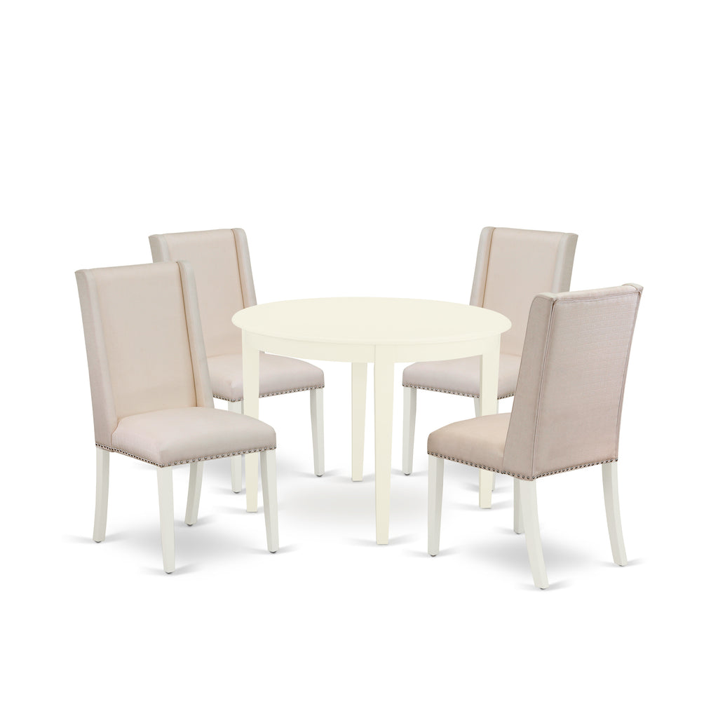 East West Furniture BOFL5-WHI-01 5 Piece Dinette Set for 4 Includes a Round Kitchen Table and 4 Cream Linen Fabric Parson Dining Room Chairs, 42x42 Inch, Linen White