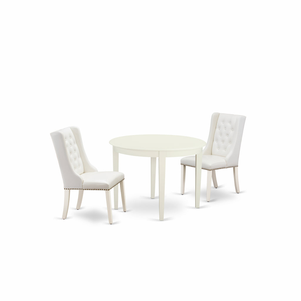 Juego de comedor de 3 piezas East West Furniture BOFO3-WHI-44 que incluye una mesa de cocina redonda y 2 sillas de comedor Parson de cuero sintético gris claro.