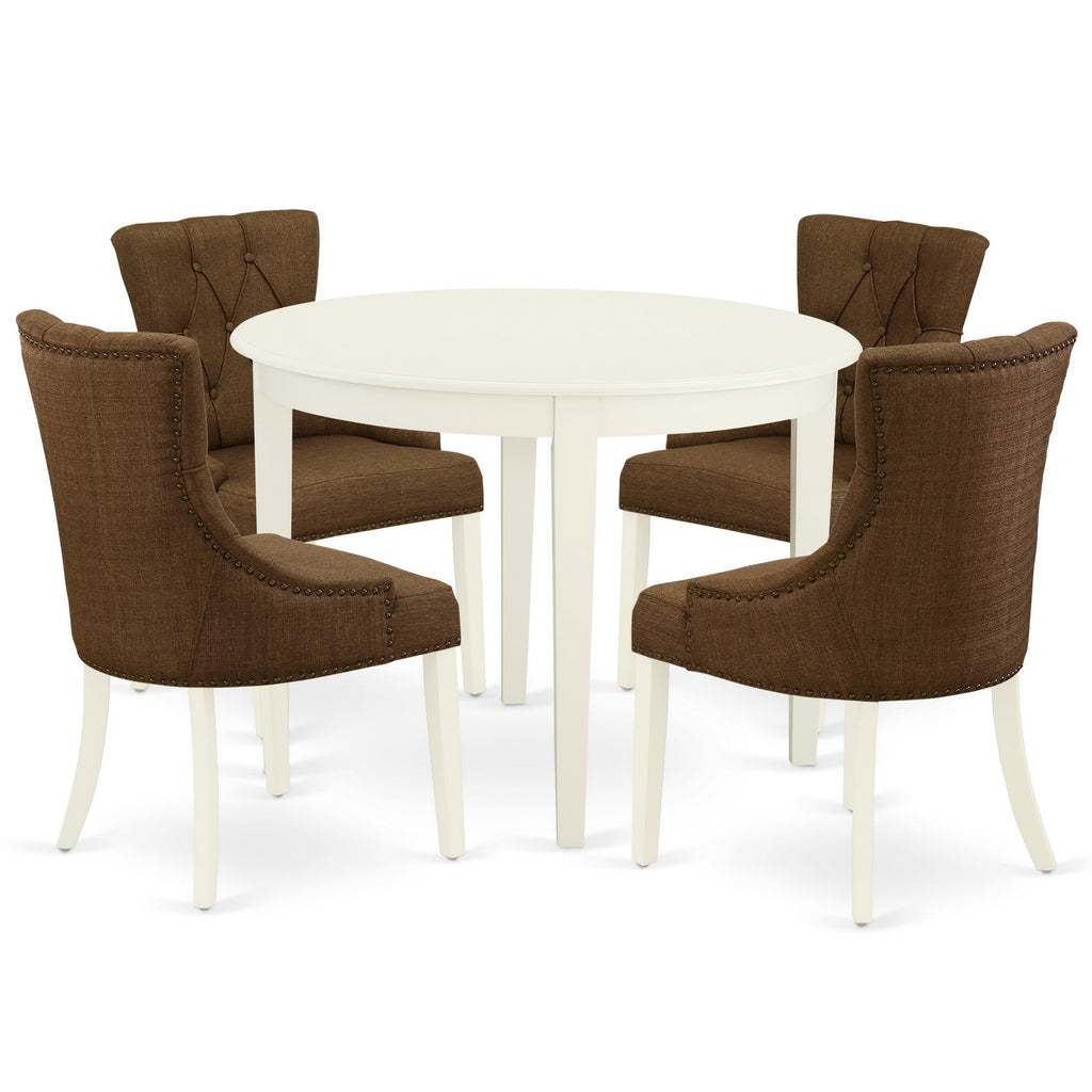 Juego de mesa de comedor East West Furniture BOFR5-WHI-18 de 5 piezas para 4 personas. Incluye una mesa de cocina redonda y 4 sillas de comedor Parsons de tela de lino marrón.