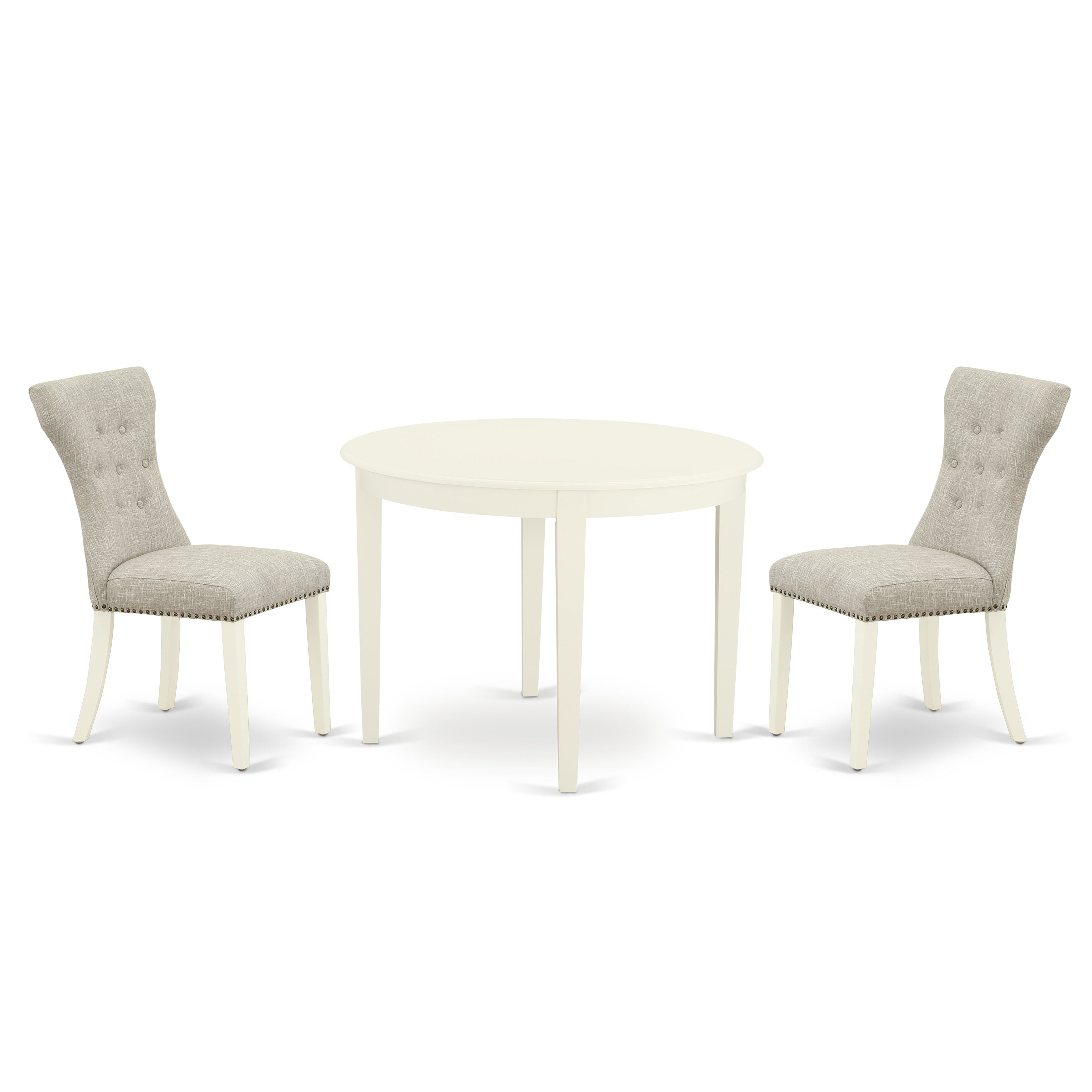East West Furniture BOGA3-WHI-35 3-Pc Dinette Table Set Included a Round Kitchen Table & 2 Kitchen Parson Chairs, Doeskin Linen Fabric Kitchen Chairs Seat with Rubber Wood Legs, Linen White Finish