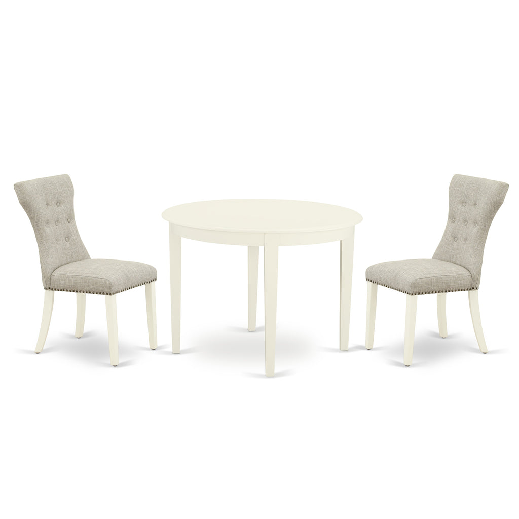Juego de mesa de comedor de 3 piezas East West Furniture BOGA3-WHI-35 para espacios pequeños. Contiene una mesa de cocina redonda y 2 sillas de comedor Parson de tela de lino y piel de venado.