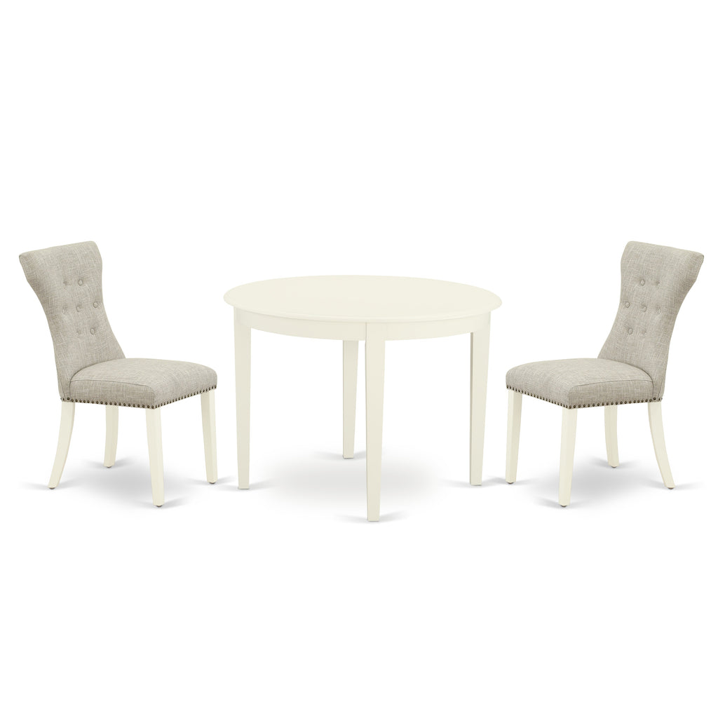 East West Furniture BOGA3-WHI-35 3 Piece Dining Table Set for Small Spaces Contains a Round Kitchen Table and 2 Doeskin Linen Fabric Parson Dining Chairs, 42x42 Inch, Linen White