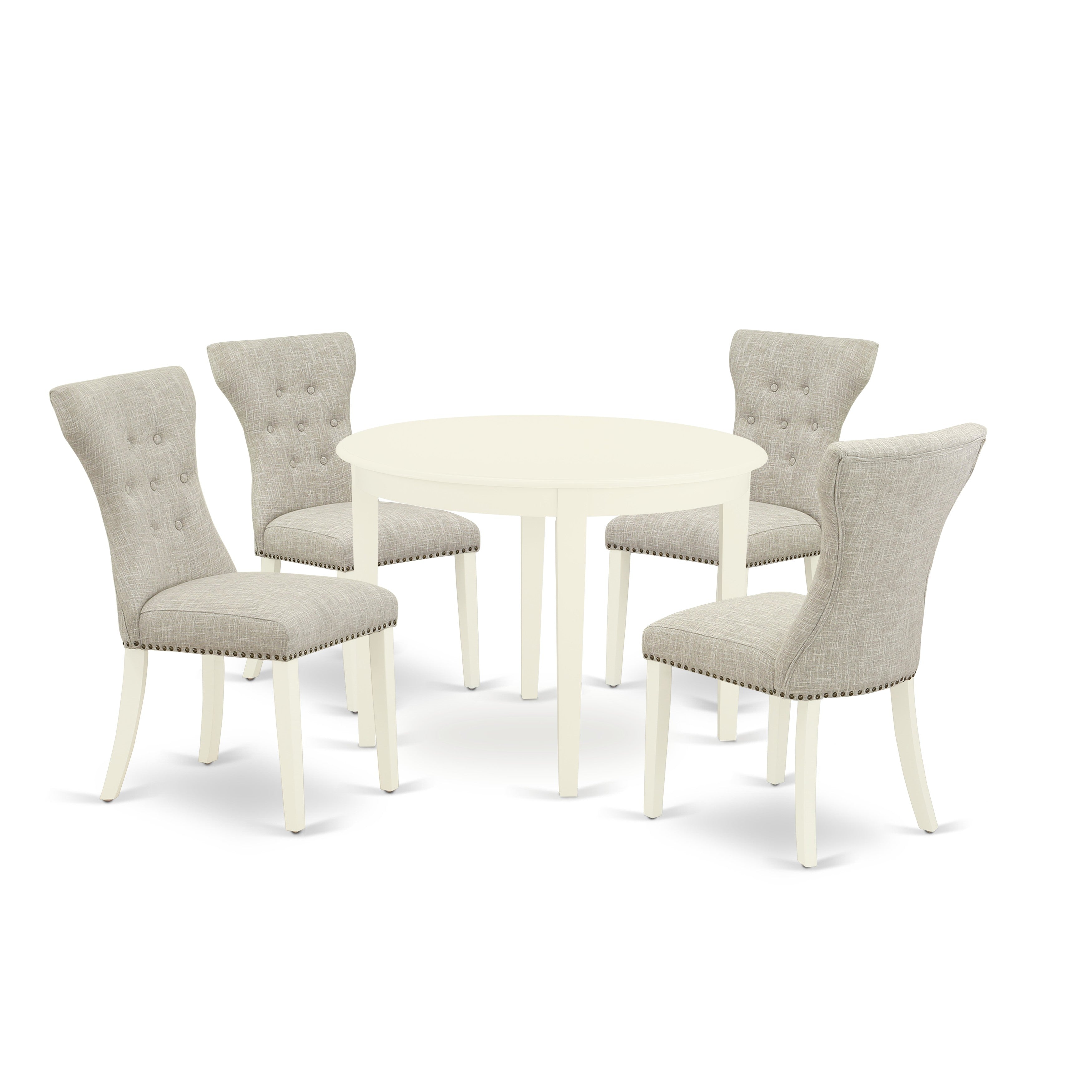 East West Furniture BOGA5-WHI-35 5-Pc Table and Chairs Dining Set Included a Round Dining Table & 4 Kitchen Chairs, Doeskin Linen Fabric Parson Chairs Seat with Rubber Wood Legs, Linen White Finish