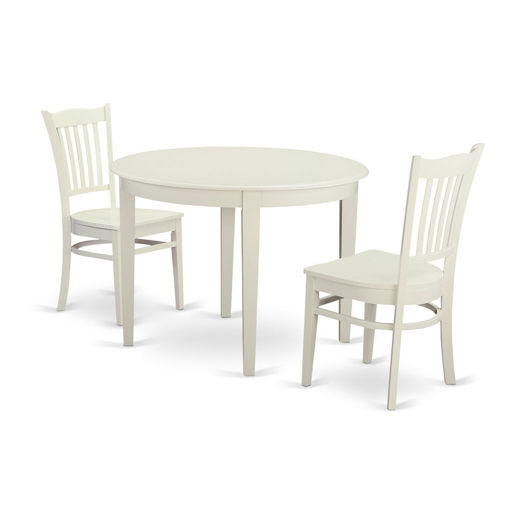 East West Furniture BOGR3-WHI-W 3 Piece Dining Table Set for Small Spaces Contains a Round Kitchen Table and 2 Dining Chairs