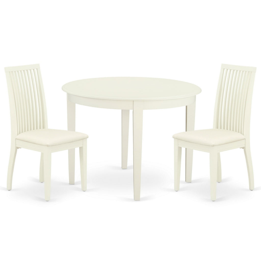 East West Furniture BOIP3-WHI-C 3 Piece Kitchen Table Set for Small Spaces Contains a Round Dining Room Table and 2 Linen Fabric Upholstered Dining Chairs, 42x42 Inch, Linen White