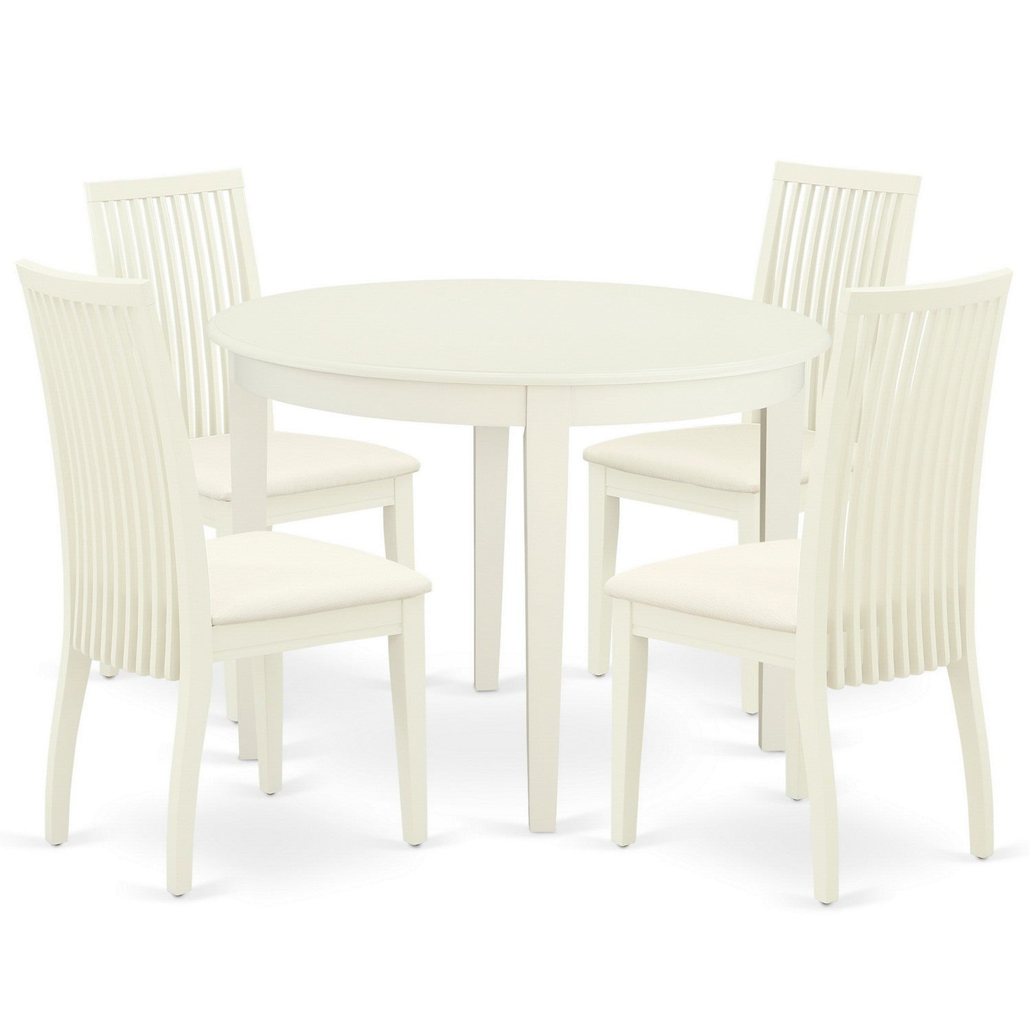 Juego de mesa y sillas de cocina de 5 piezas East West Furniture BOIP5-WHI-C. Incluye una mesa de comedor redonda y 4 sillas de comedor tapizadas en tela de lino.