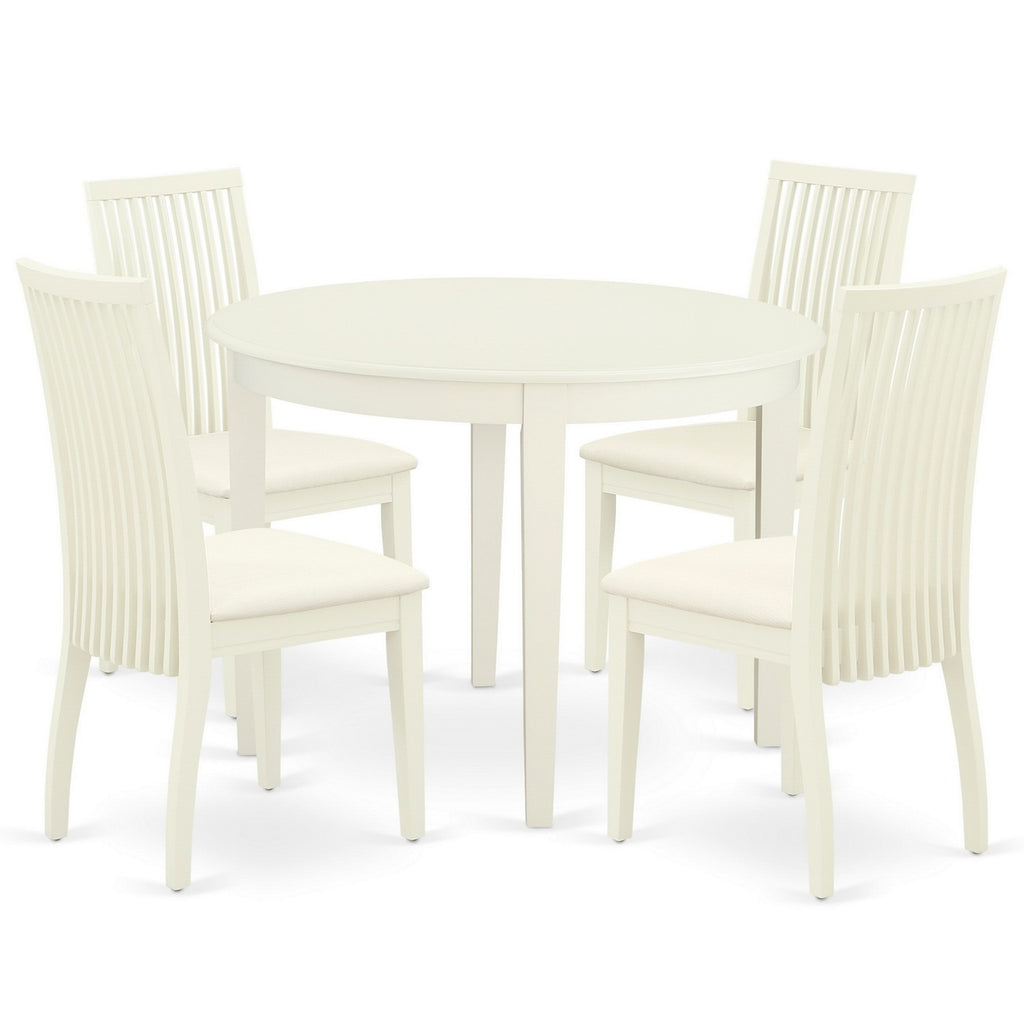 East West Furniture BOIP5-WHI-C 5 Piece Kitchen Table & Chairs Set Includes a Round Dining Room Table and 4 Linen Fabric Upholstered Dining Chairs, 42x42 Inch, Linen White