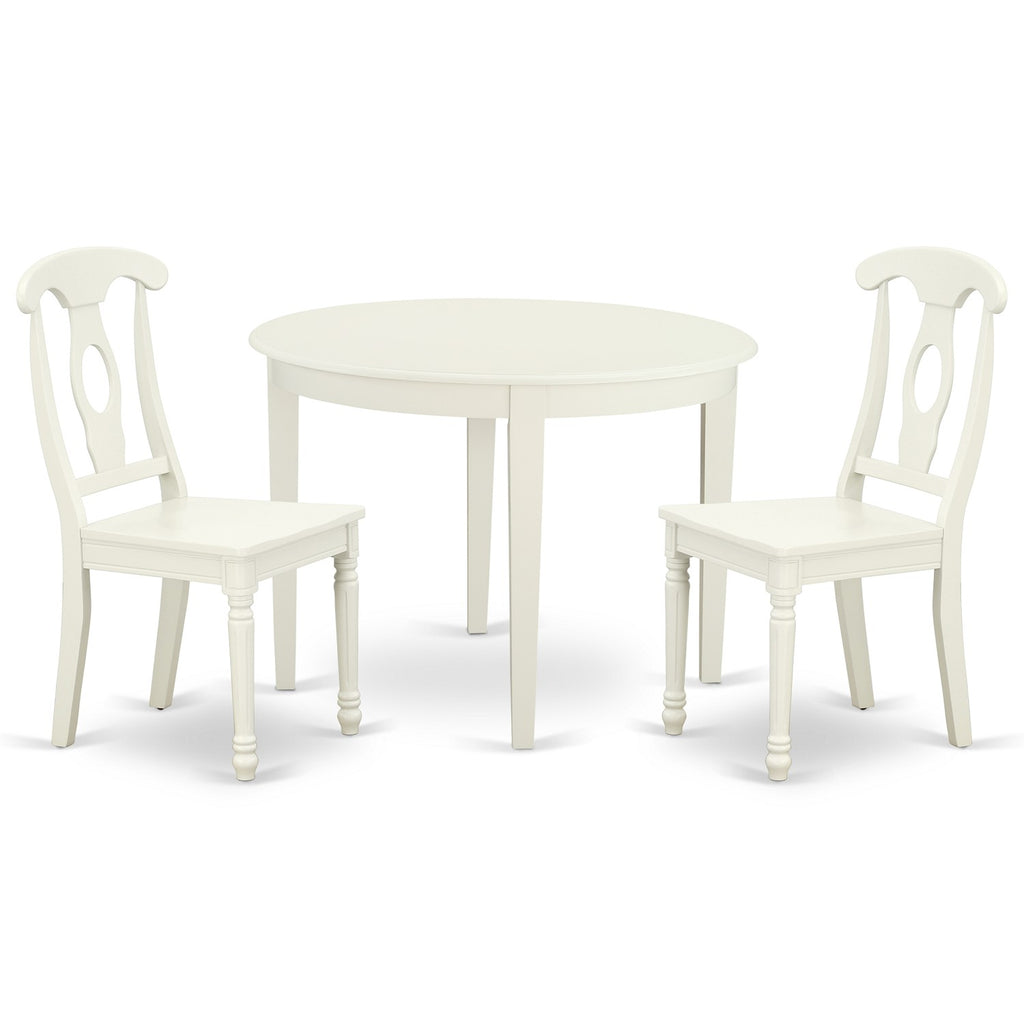 Juego de mesa de cocina de 3 piezas East West Furniture BOKE3-LWH-W para espacios pequeños. Contiene una mesa de comedor redonda y 2 sillas con asiento de madera maciza.