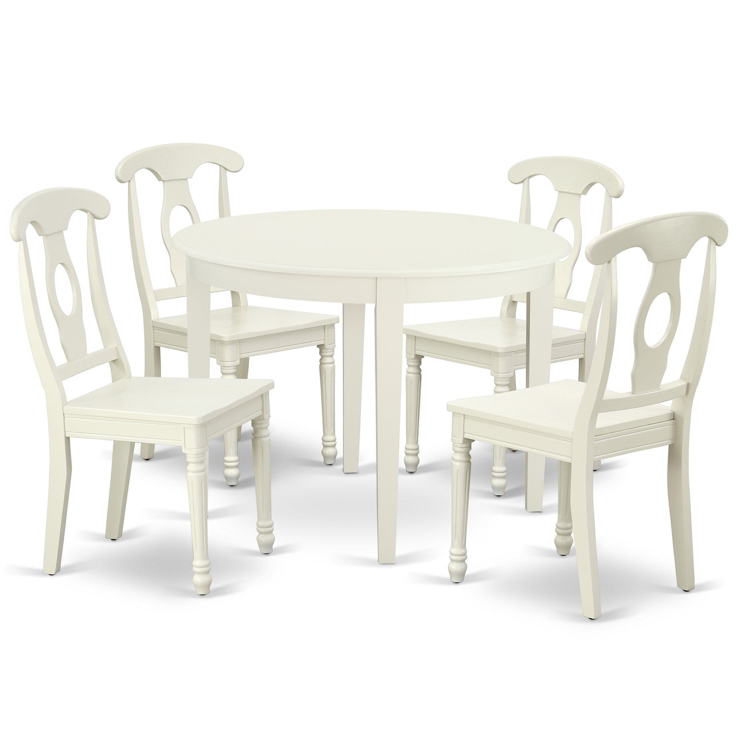 Juego de mesa de cocina de 5 piezas East West Furniture BOKE5-LWH-W para 4 personas. Incluye una mesa de comedor redonda y 4 sillas de madera maciza.