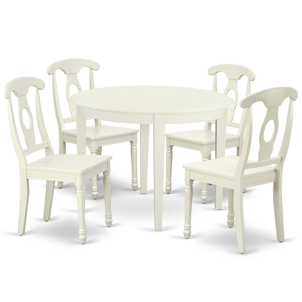 East West Furniture BOKE5-LWH-W 5 Piece Kitchen Table Set for 4 Includes a Round Dining Room Table and 4 Solid Wood Seat Chairs