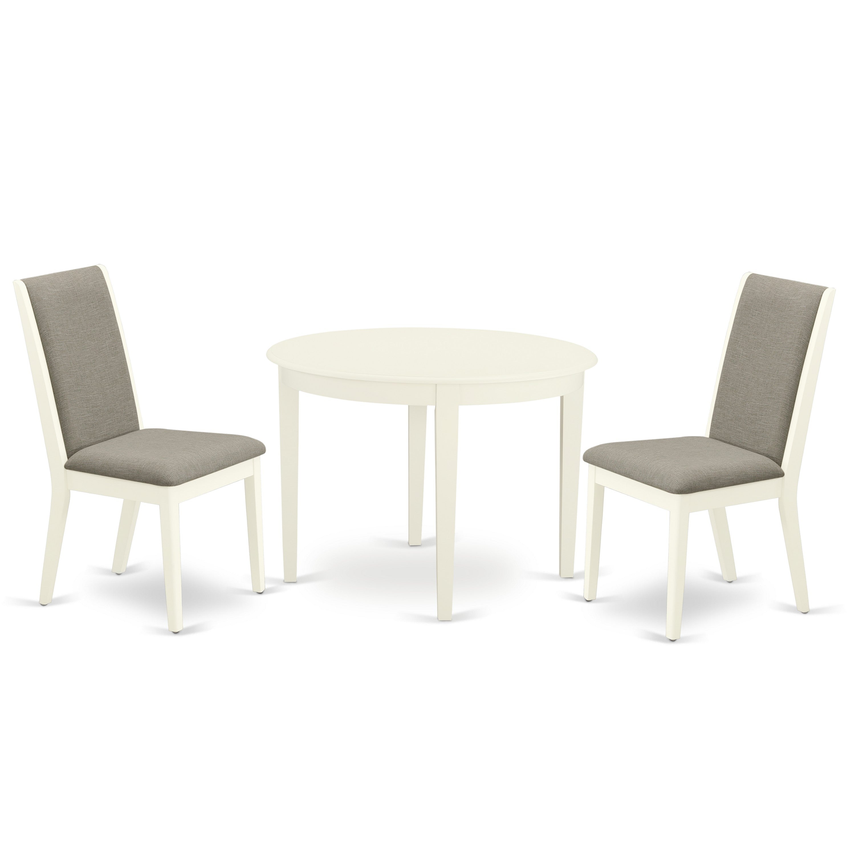 East West Furniture BOLA3-WHI-06 3-Piece Dining Room Table Set Included a Round Wood Kitchen Table & 2 Parson Dining Chairs, Shitake Linen Fabric Parsons Chairs Seat with Rubber Wood Legs, Linen White Finish