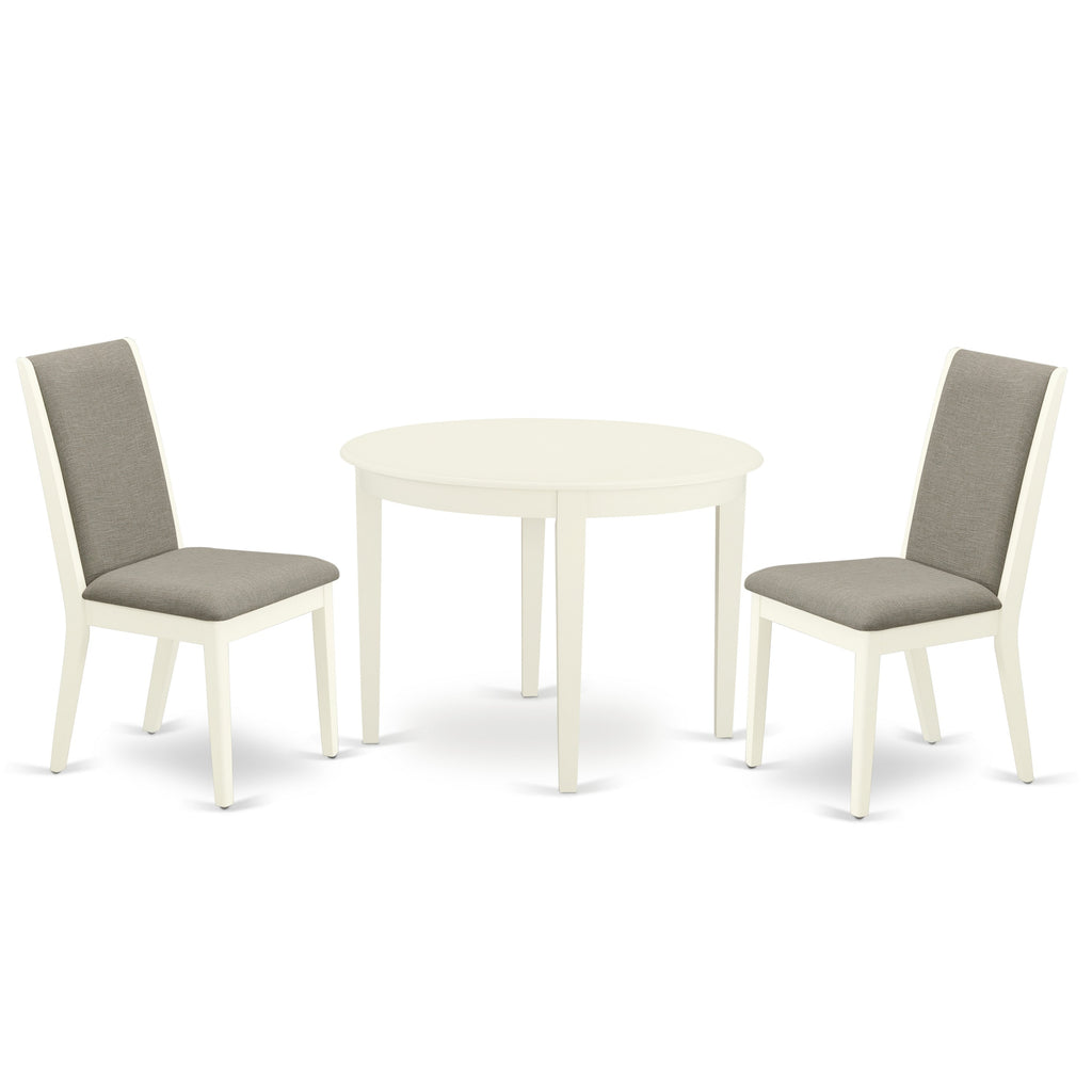 East West Furniture BOLA3-WHI-06 3 Piece Dinette Set for Small Spaces Contains a Round Kitchen Table and 2 Shitake Linen Fabric Parson Dining Room Chairs