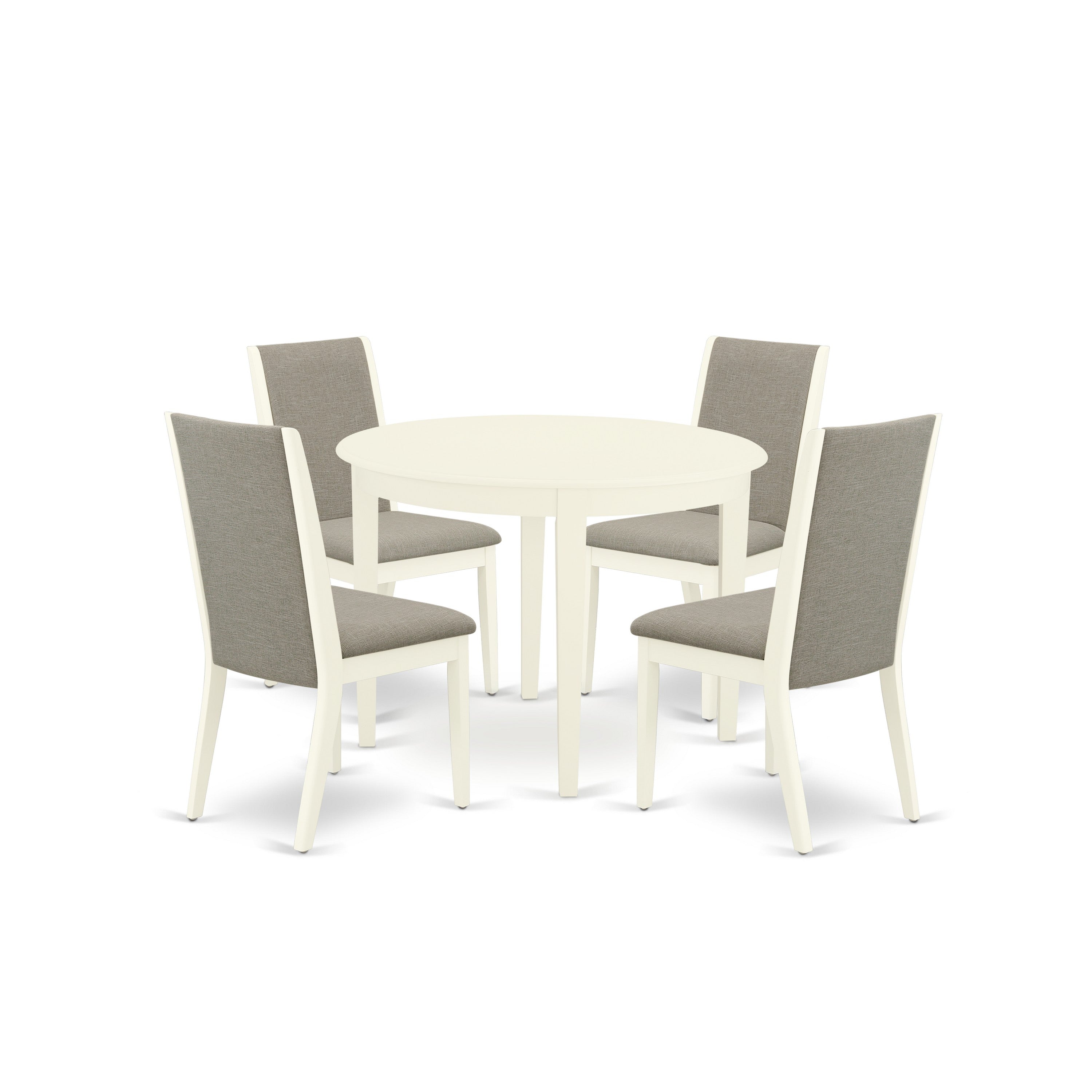 East West Furniture BOLA5-WHI-06 5-Piece Kitchen Set Included a Round Dining Room Table & 4 Parson Chairs, Shitake Linen Fabric Dining Chairs Seat with Rubber Wood Legs, Linen White Finish
