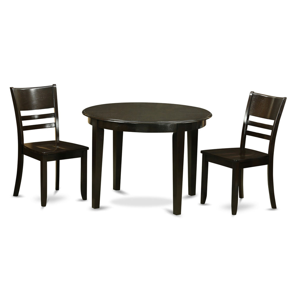 Juego de mesa de comedor de 3 piezas East West Furniture BOLY3-CAP-W. Contiene una mesa redonda de madera y 2 sillas de comedor de cocina.
